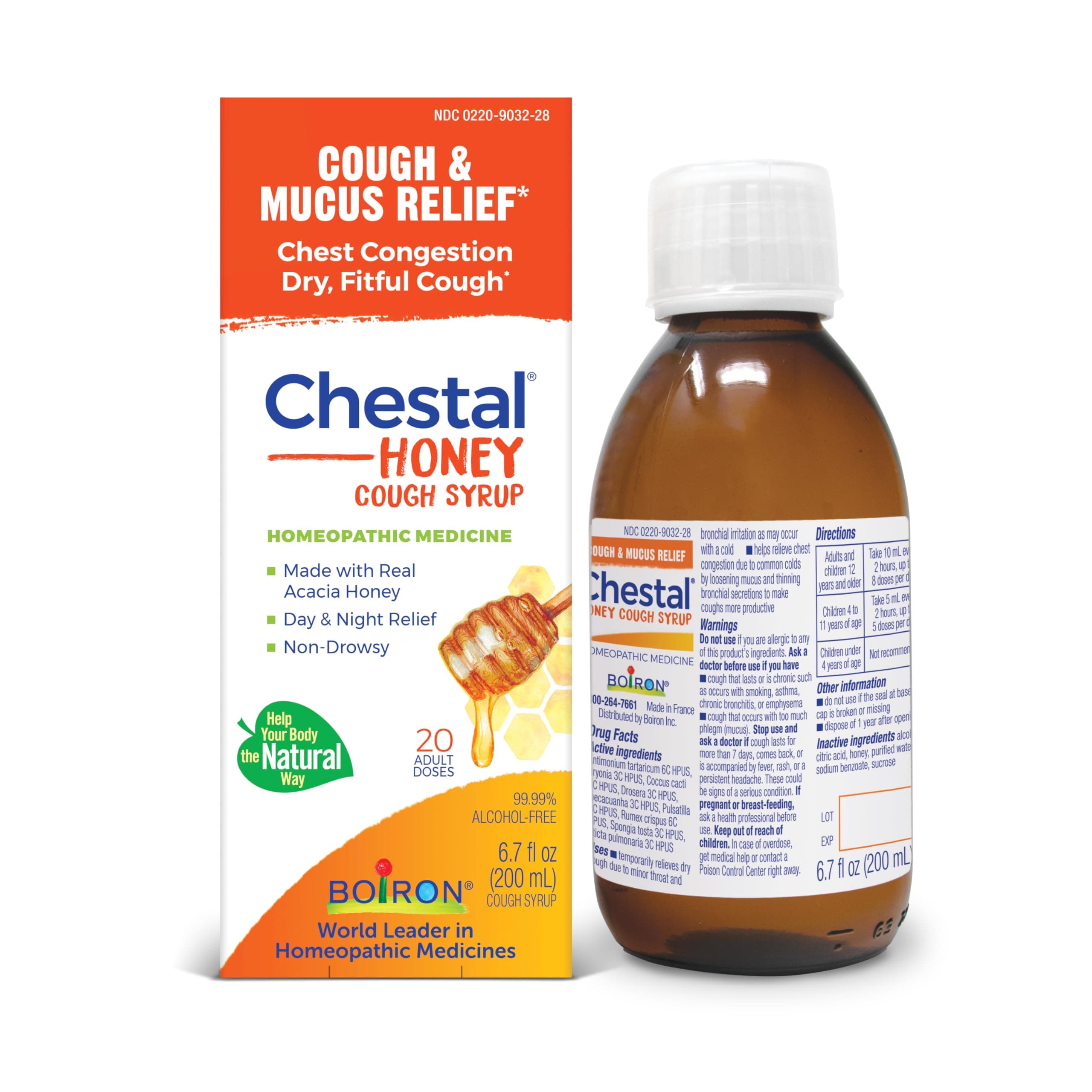 Boiron Chestal Honey Adult Cold and Cough Syrup for Nasal and Chest Congestion, Runny Nose, and Sore Throat Relief - 6.7 Fl oz