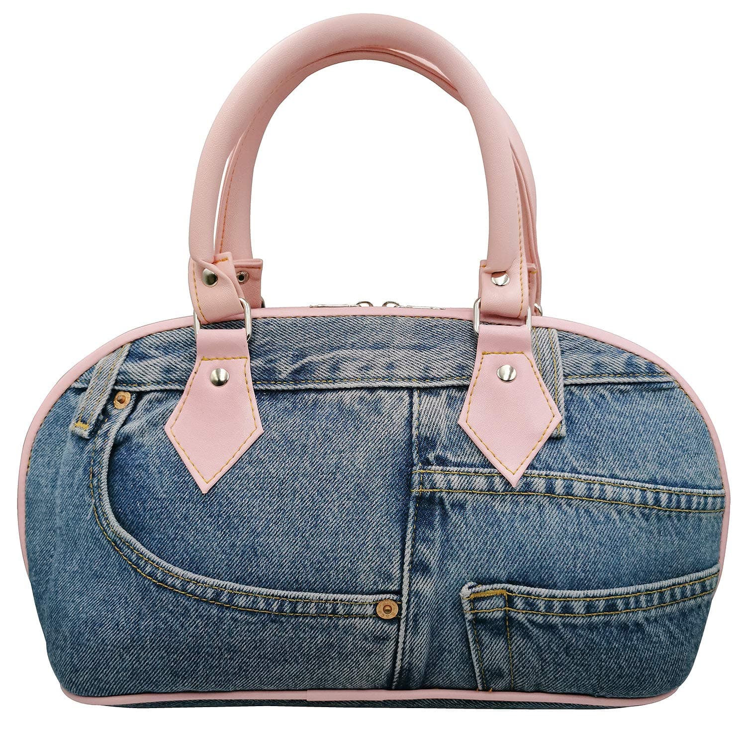Blue Denim Leather Trim Curved Shape Top Handle Handbag Purse (Pink)