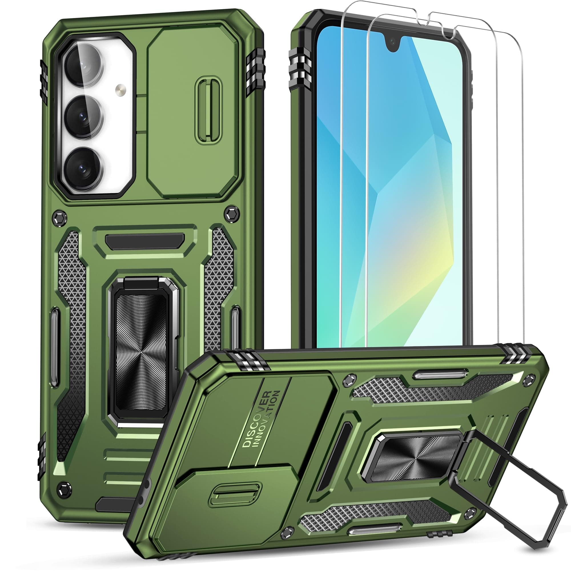 Ezanmull for Samsung Galaxy A16 5G Case with Slide Camera Cover + Screen Protector(2 Packs), Rotated Ring Kickstand Military Grade Shockproof Protective Cover for Samsung Galaxy A16 5G (Olive Green)