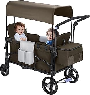 Stroller Wagon for 2 Kids with Canopy, Foldable All-Terrain Wagon Stroller with Adjustable Push/Pull Handle, Parent Organizer, 5-Point Harness (Brown)