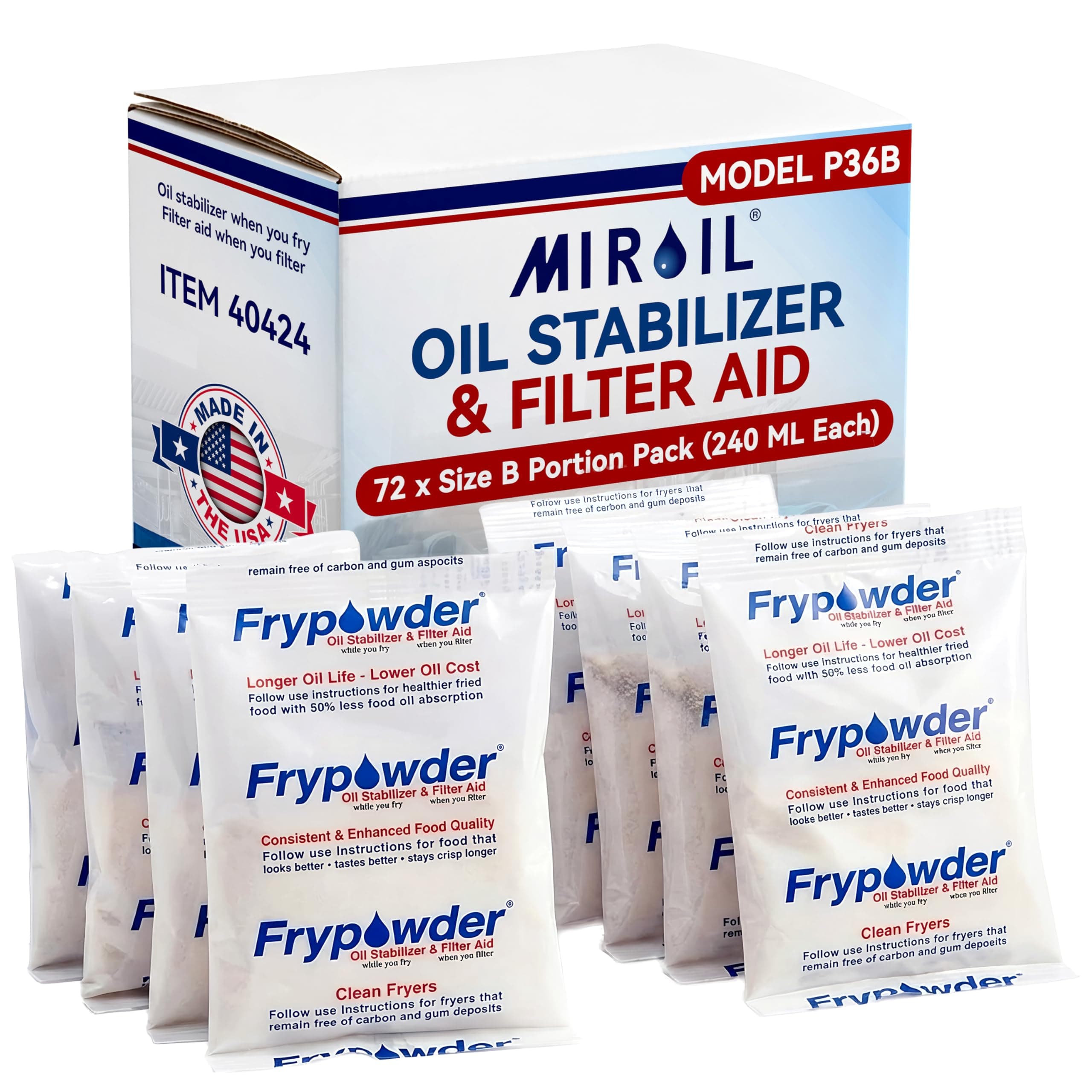 MirOil P36B Fry Powder Oil Stabilizer and Filter Aid, Deep Fryer Cooking Oil Saver Helps Save Grease & Remove Carbon Deposits, 72 x Size B Portion Pack(240ML Each) Fry Powder, Food Center Cooks Hotter