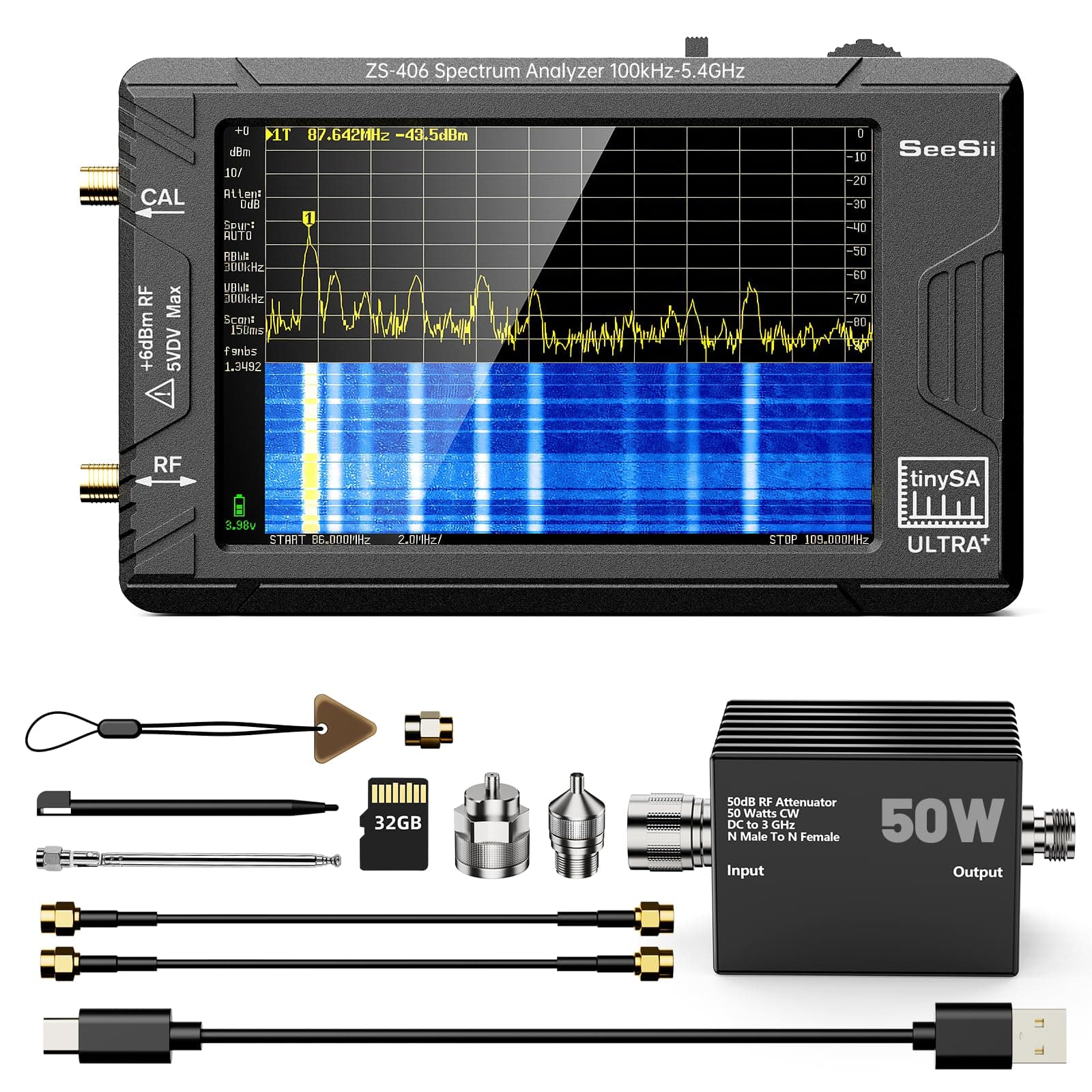 TinySA Ultra+ ZS406 Spectrum Analyzer with 50W Attenuator, 4.0 Inch 100kHz to 5.4GHz Handheld Tiny Frequency Analyzer with 32Gb Card,100kHz to 800MHz MF/HF/VHF UHF Input, 2025 Upgraded