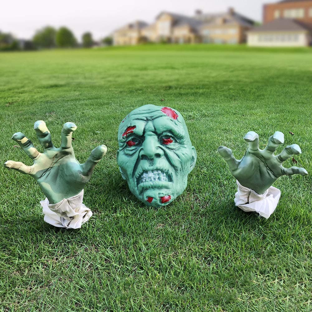 Halloween Decorations - Halloween Realistic Zombie Face and Arms Lawn Stakes - Green Skeleton Bone Head and Hands Garden Yard Stakes for Haunted House Graveyard, Cemetery, Coffin Party