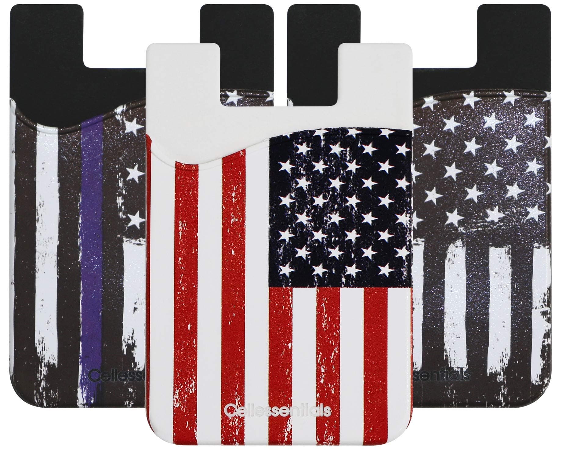CellessentialsUSA Merchant - Cellessentials Redesigned Card Holder - Silicone Stick on Cell Phone Wallet with Pocket for Credit Card ID Business Card - iPhone Android & Smartphones (American Flag/Thin Blue Line)