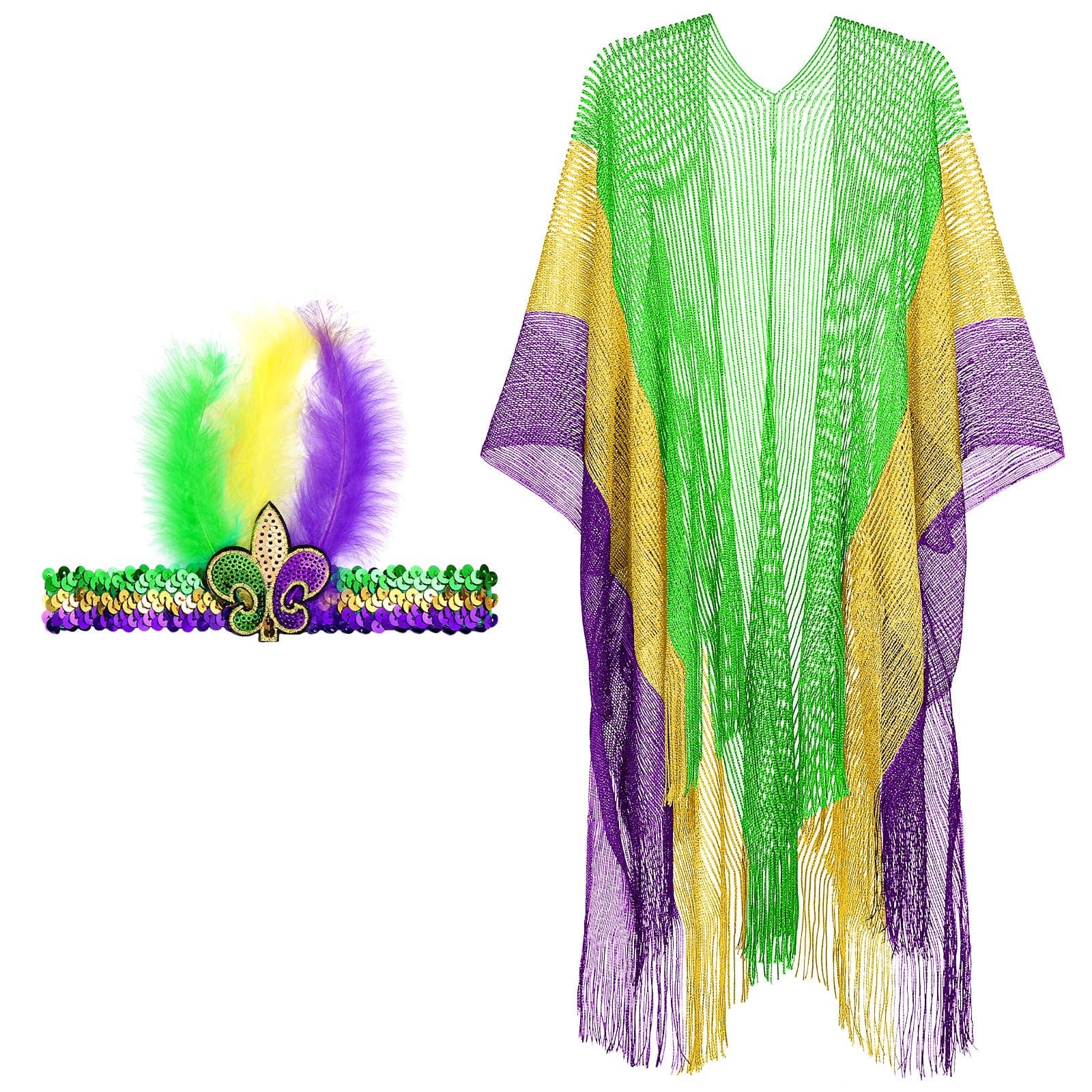 Bencailor2 Pcs Mardi Gras Shawls Wraps Feather Headband Set Women's Long Poncho Cape Mardi Gras Yellow Green Purple Headwear and Cape