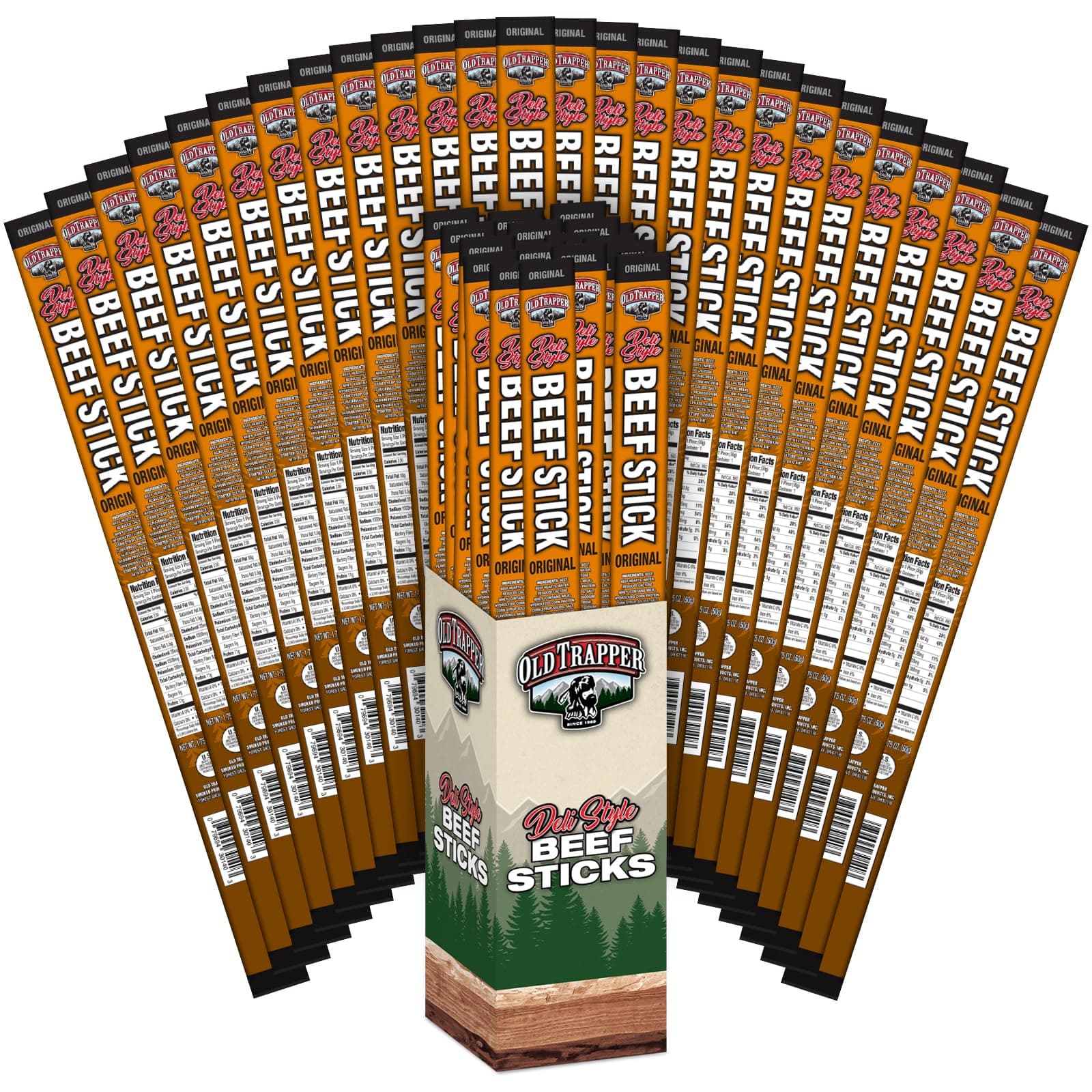 OId Trapper Original Deli-Style Beef Sticks, 1.75-Ounce Individually Wrapped Packages, 11 Grams of Protein and Zero Grams of Sugar per Serving (Pack of 26)