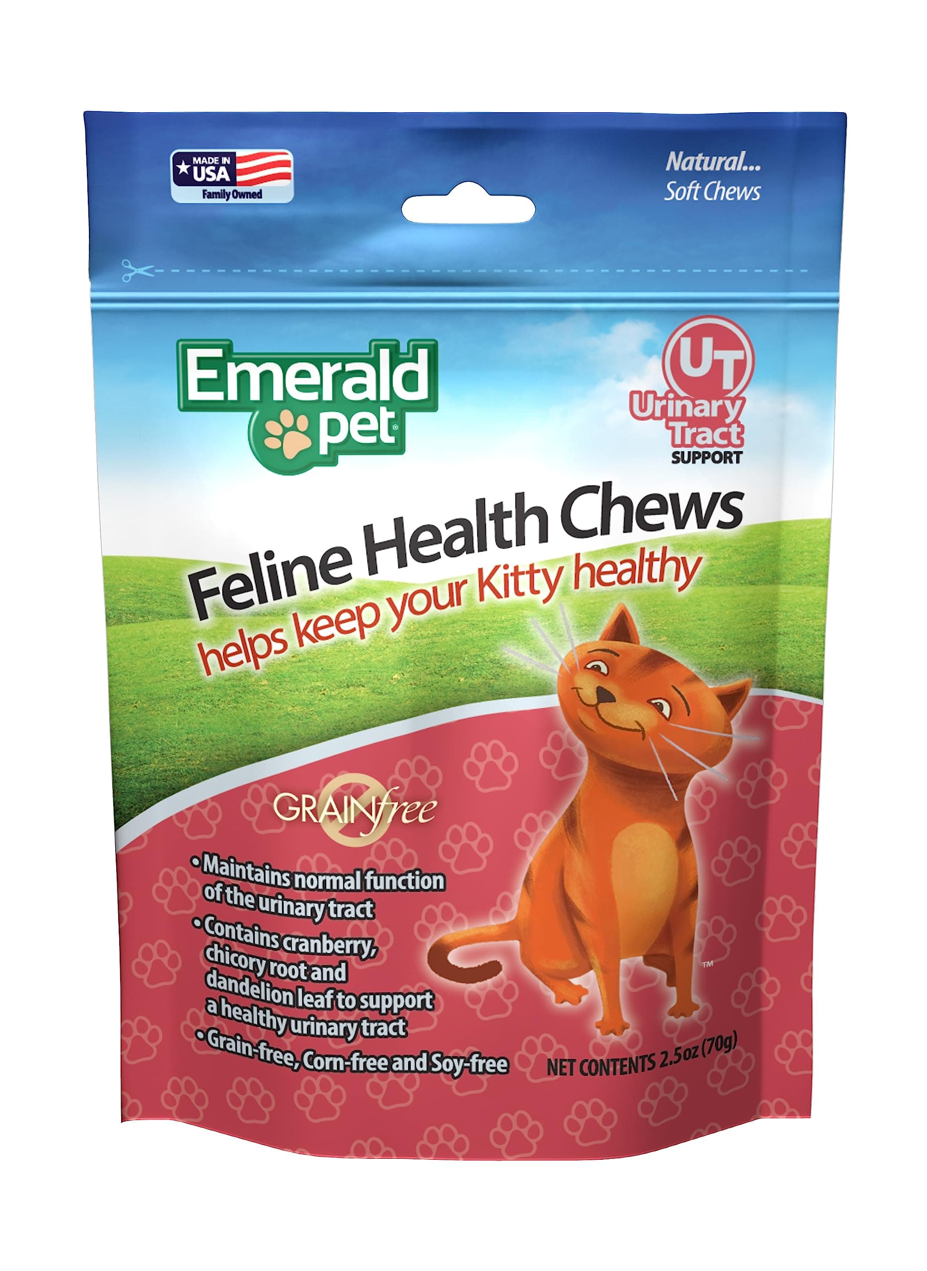 Emerald Pet Feline Health Chews UT Support — Natural Grain Free Urinary Tract Health Cat Chews — Cat Urinary Supplements with Cranberry, Chicory Root, and Dandelion Leaf Extract — Made in USA, 2.5 oz
