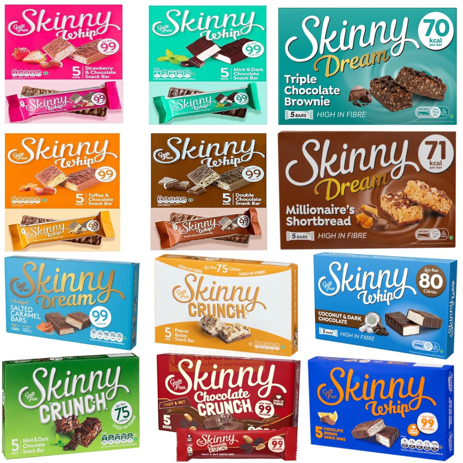 Skinny Whip Guilt Free Multi Pack Low Calorie Bars, 6 Pack, 30 Bars Total, 20g Each