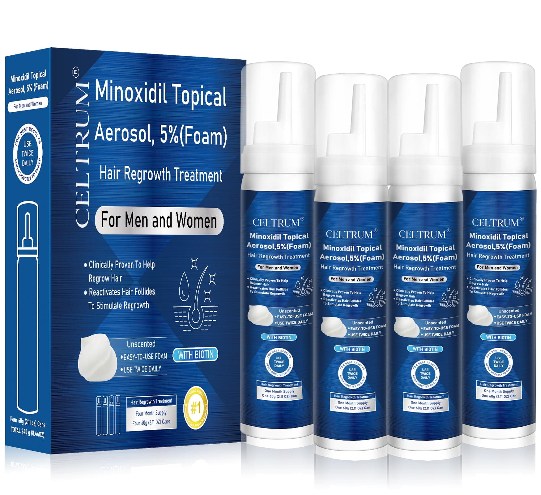 5% Topical Minoxidil Foam, For Men And Women, Infused With Biotin, Hair Growth Treatment, Supports Thicker Fuller & Beard (Minoxidil 8.44Oz, 4 Month Supply)