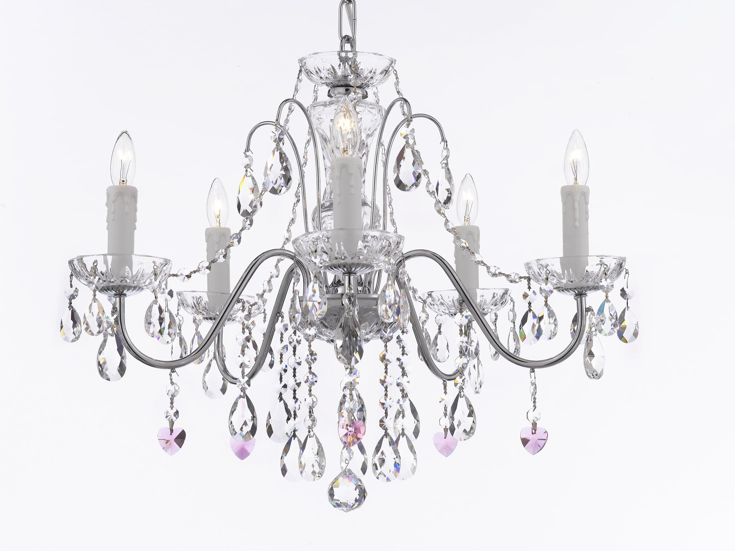 Hamilton Home Daniele Collection Chrome Finish Crystal Chandelier Lighting Chandliers with Pink Crystal Hearts - Good for Dining Room, Foyer, Entryway