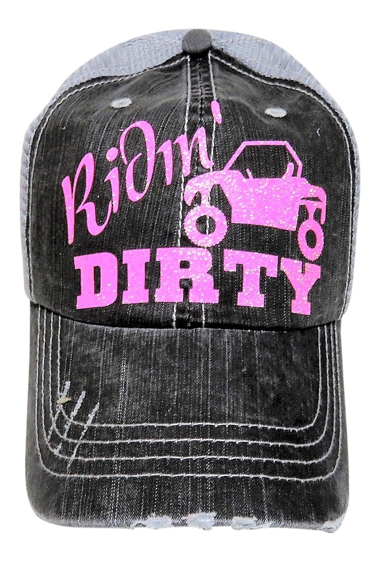 Neon Pink Glitter Ridin' Dirty ATV Buggy Distressed Look Grey Trucker Cap