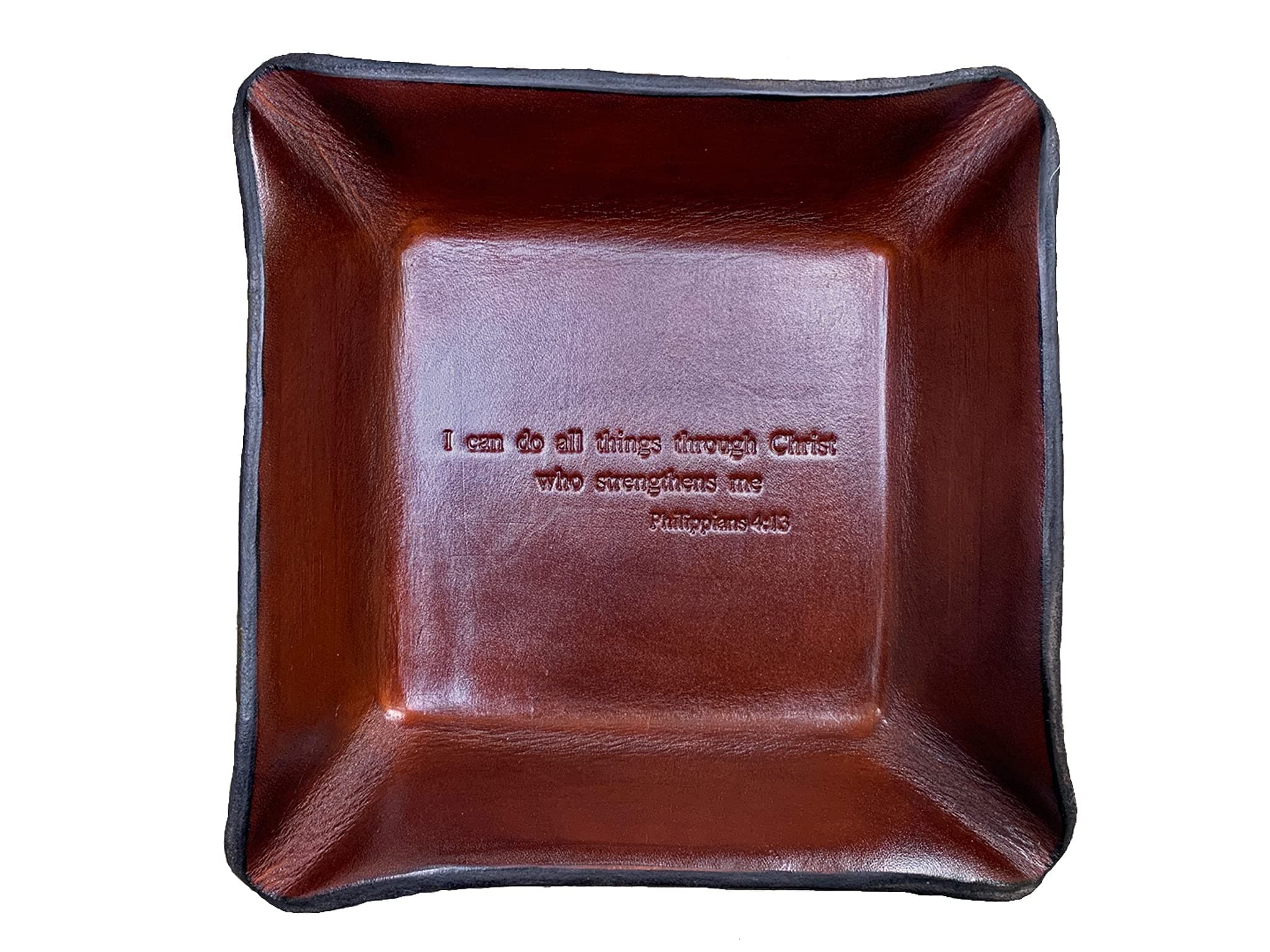Christian Religious Keepsake. Philippians 4:13 Leather Tray. I Can Do All Things Through Christ Who Strengthens Me.