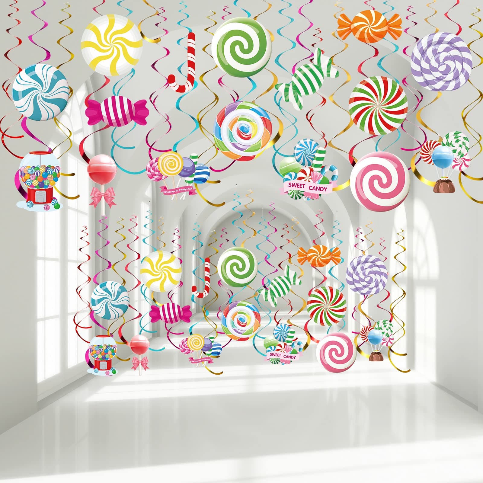 Faccito 36 Pcs Candyland Party Decorations Candy Hanging Swirls Colorful Lollipop Candy Themed Birthday Decorations Party Favors for Sweet Shop Baby Shower Home