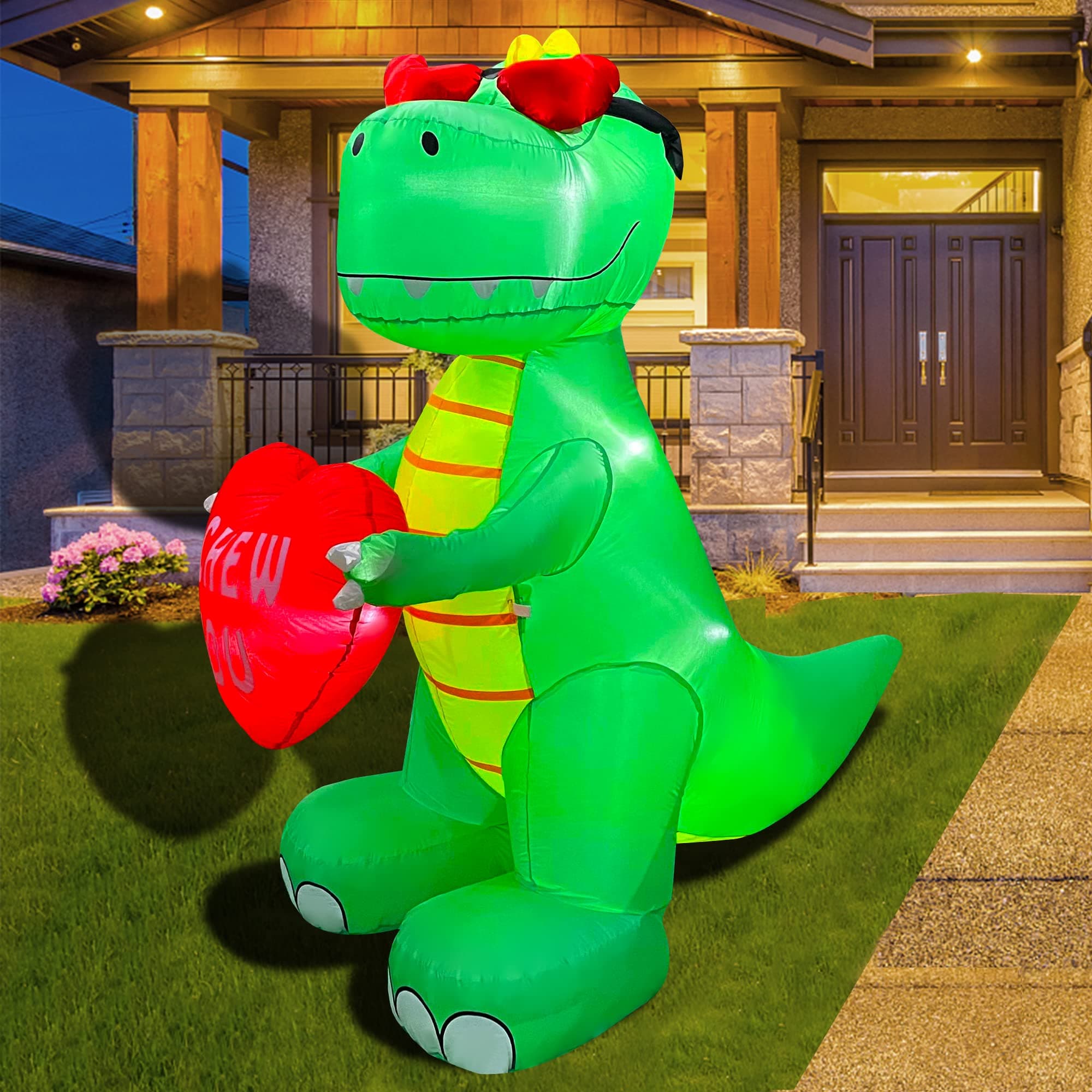 SEASONBLOW 6 FT Inflatable Valentine's Day Dinosaur with Heart LED Lighted Decoration for Birthday Wedding Yard Lawn Garden Indoor Outdoor Decor