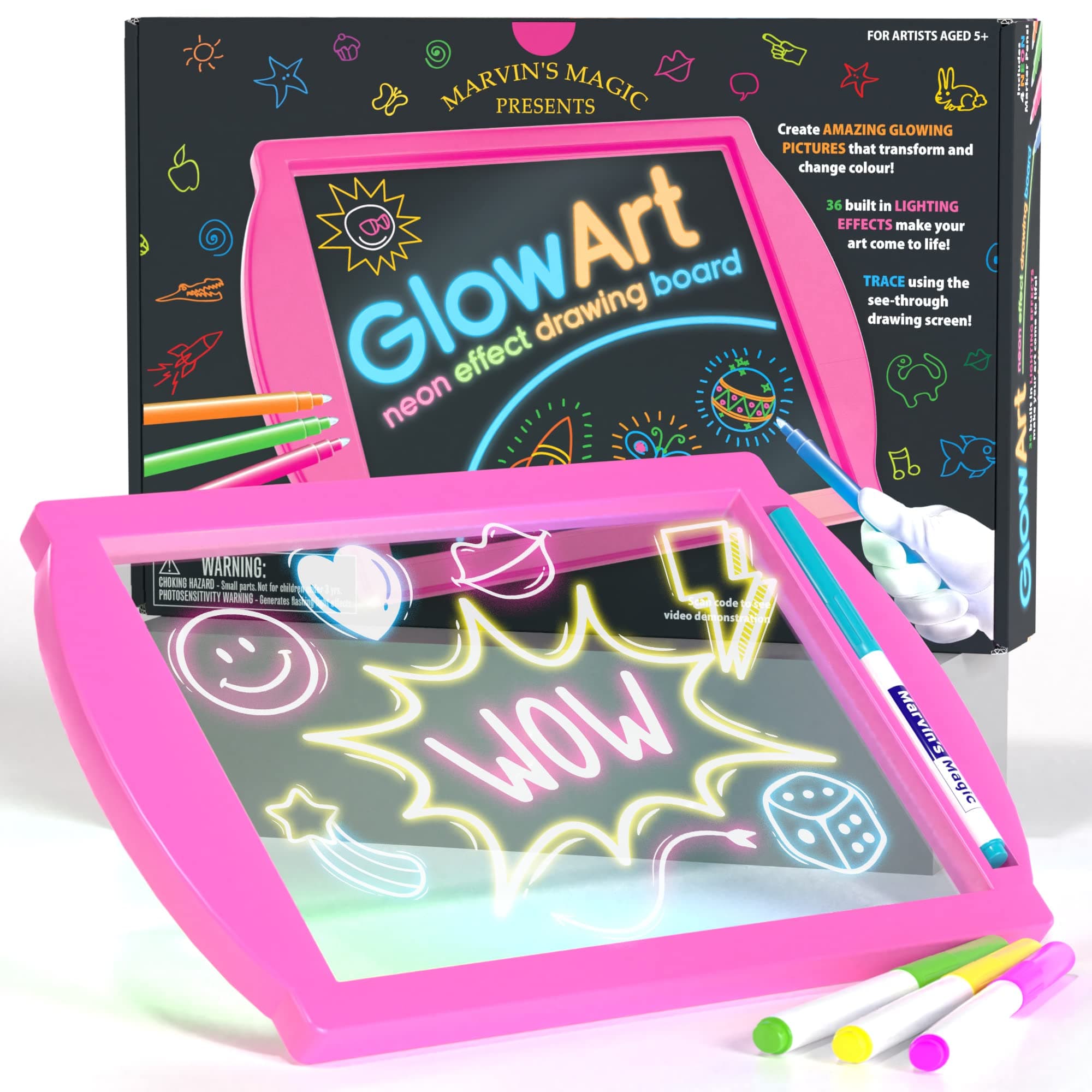 Marvin's Magic - Glow Art - LED Doodle Board for Children - Light Up Drawing Pad, with Glow in The Dark Colouring Pens - Battery Powered Magic Drawing Tablet - Light Up Tracing Pad Suitable for 5+