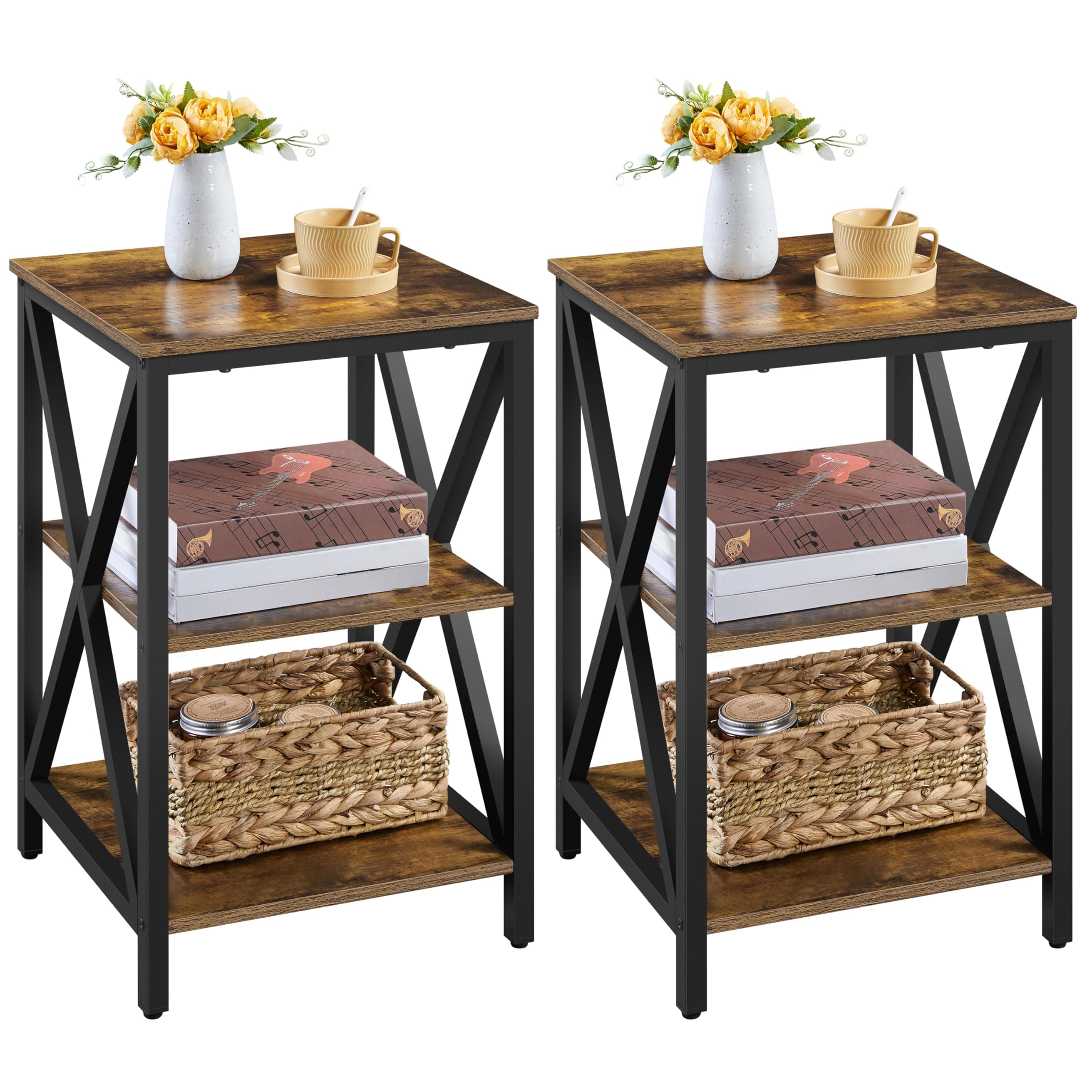 Yaheetech Industrial End Tables Set of 2, 3-Tier Side Tables with Storage Shelves for Living Room, X Design, Strong Metal Frame, Easy Assembly, 16x16x24.5 in, Rustic Brown