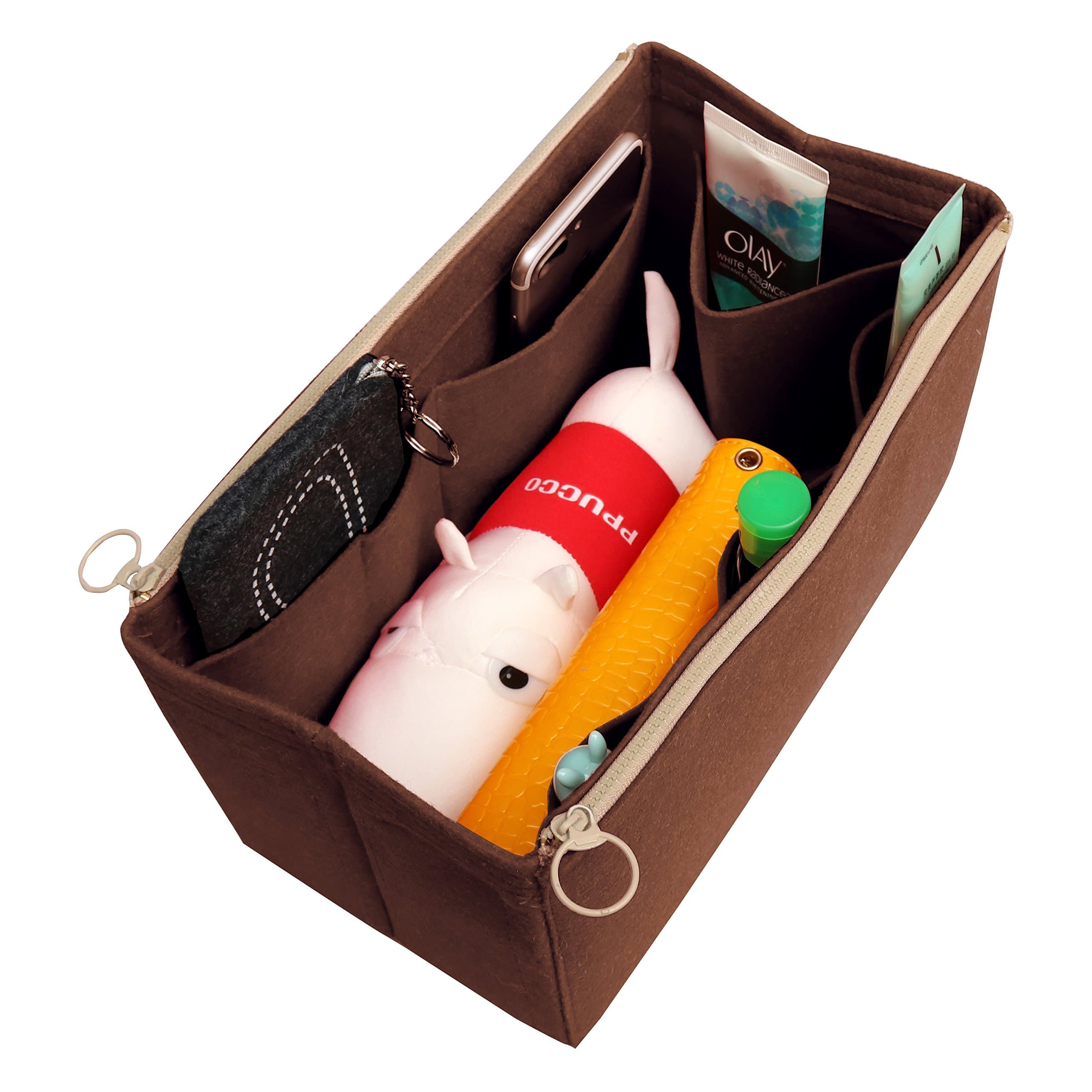 [Fits Various Bags, L.V Her.mes Long.champ Go.yard] Felt Tote Organizer (w/ Double Zipper Pockets), Purse Insert, Cosmetic Makeup Diaper Handbag, Belongings Pocket