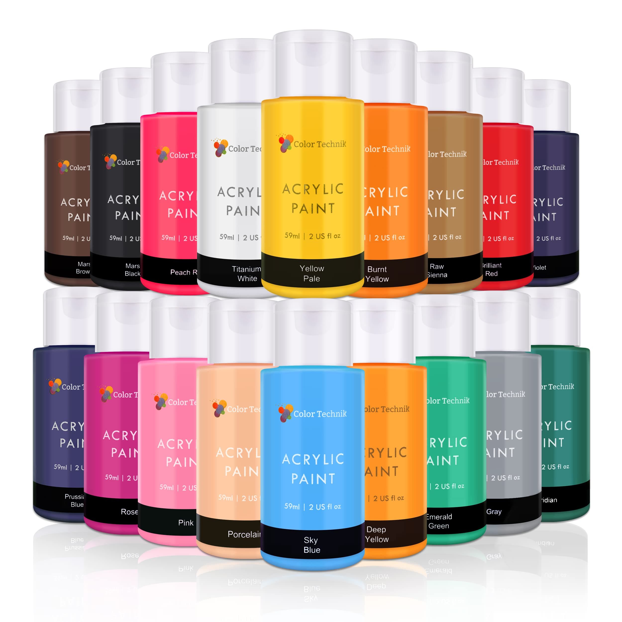 Color Technik Acrylic Paint Set, Artist Quality, Color Range 2, 18x59ml (2-Ounce) Bottles, Best Colors For Painting Canvas, Wood, Clay, Fabric, Nail Art & Ceramic, Rich Pigments, Heavy Body, GIFT BOX