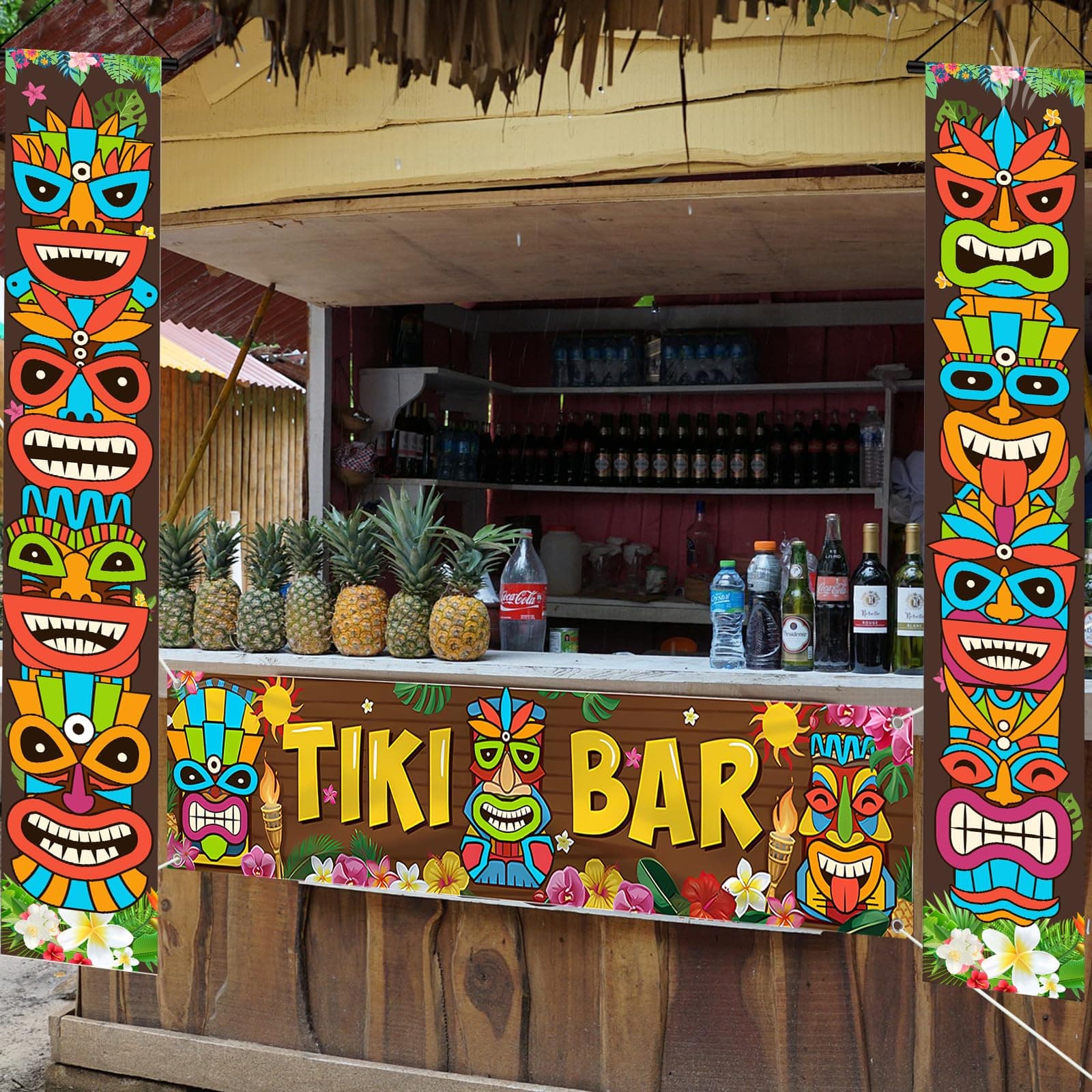 Luau Party Decorations Tiki Totem Door Banner Sign 3pcs Tiki Banner Porch Hawaiian Cover for Aloha Hawaii Tropical Moana Birthday Carnival Party Wall Hanging Outdoor Decor Gift