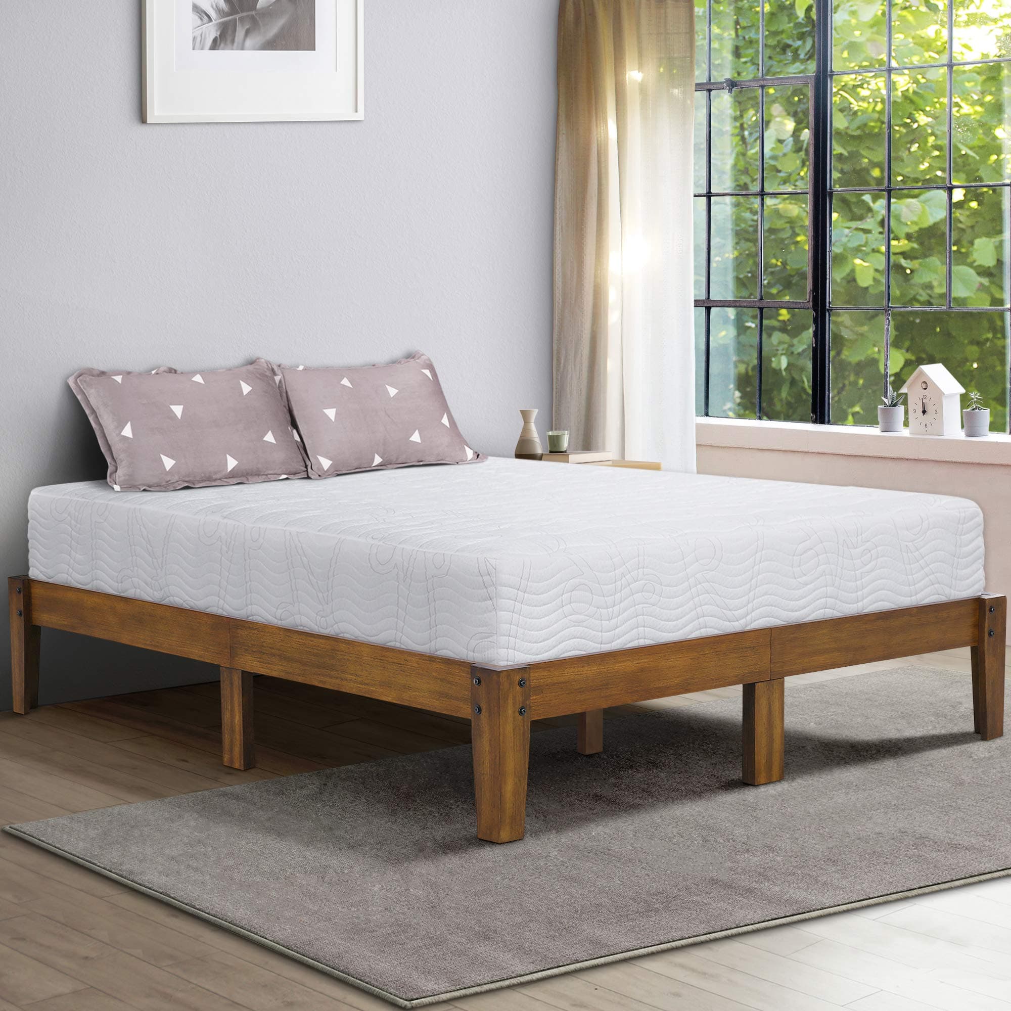 14 Inch High Rustic Solid Wood Platform Bed with Natural Finish/No Box Spring/No Squeak, Light Brown, Queen