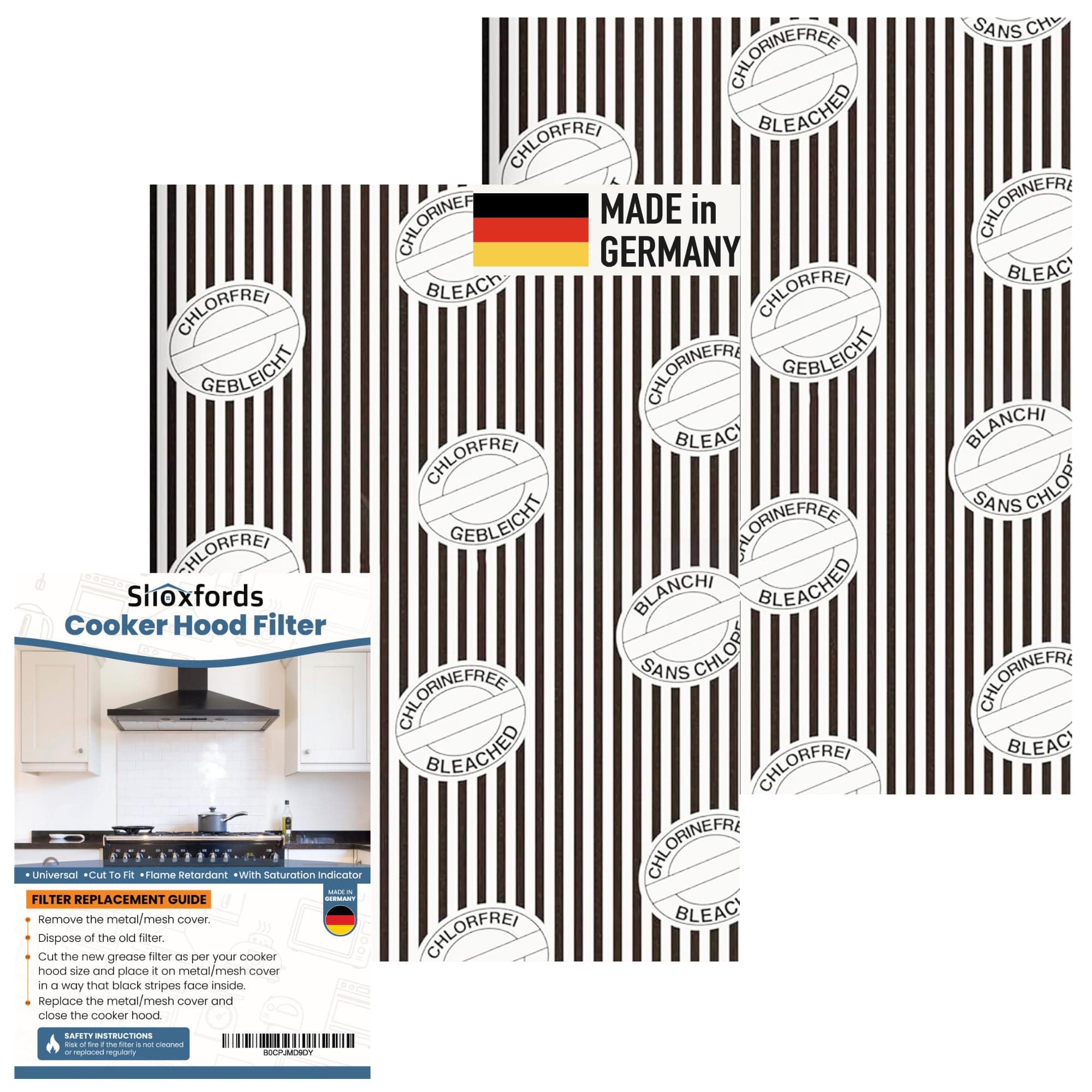 Premium Cooker Hood Filter – 2 Pack Extractor Fan Filters for Grease and Odours with Saturation Indicator – Cut to Size Universal Cooker Hood Filter Replacement – Made in Germany