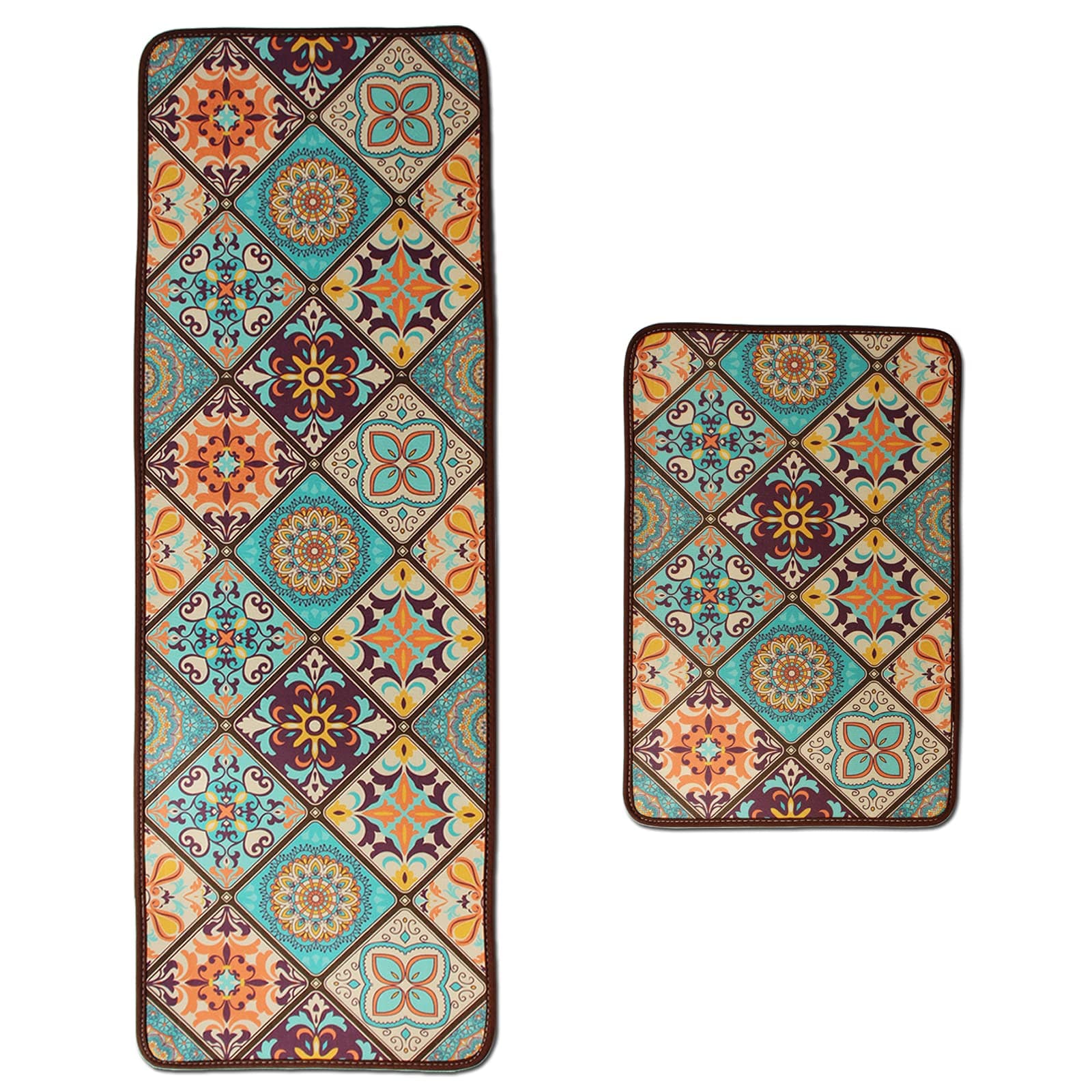 LEEBEI Kitchen Rugs Mats 2 Pieces Sets Non slip Washable Indoor mat,Polyester Anti-fatigue Floor Mat Carpet for Kitchen Bedroom Anti-slip (15.7×23.6 inch+15.7×47.2 inch) (Blue-Indian)