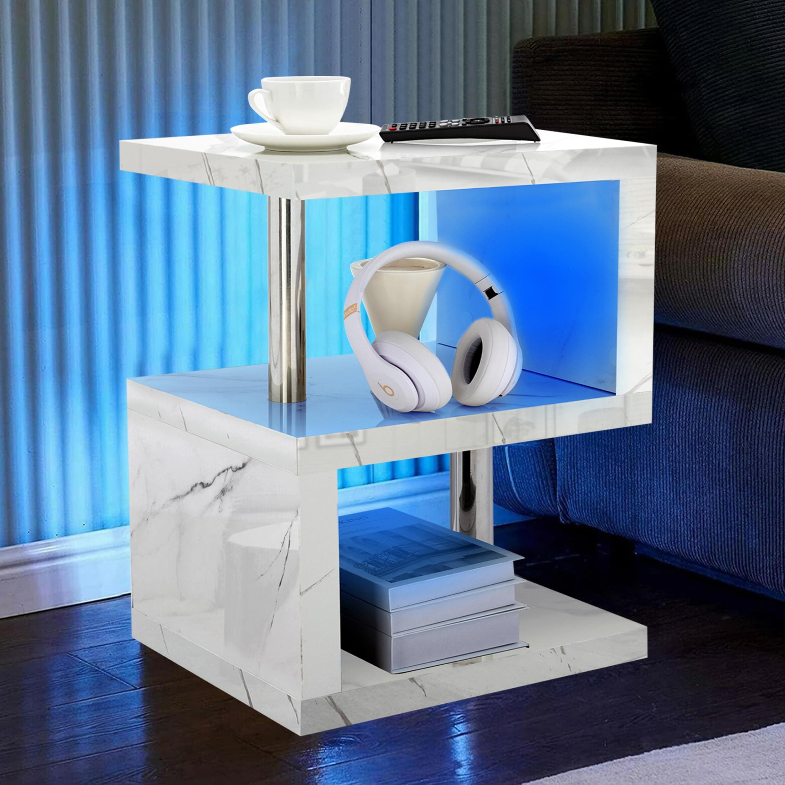 High Gloss Coffee Table Small Side Table with LED RGB Lights Coffee Table for Living Room 2 Tier Storage Shelves S Shape Rectangle Table with Home Office Furniture 44L x 38W x 57H cm