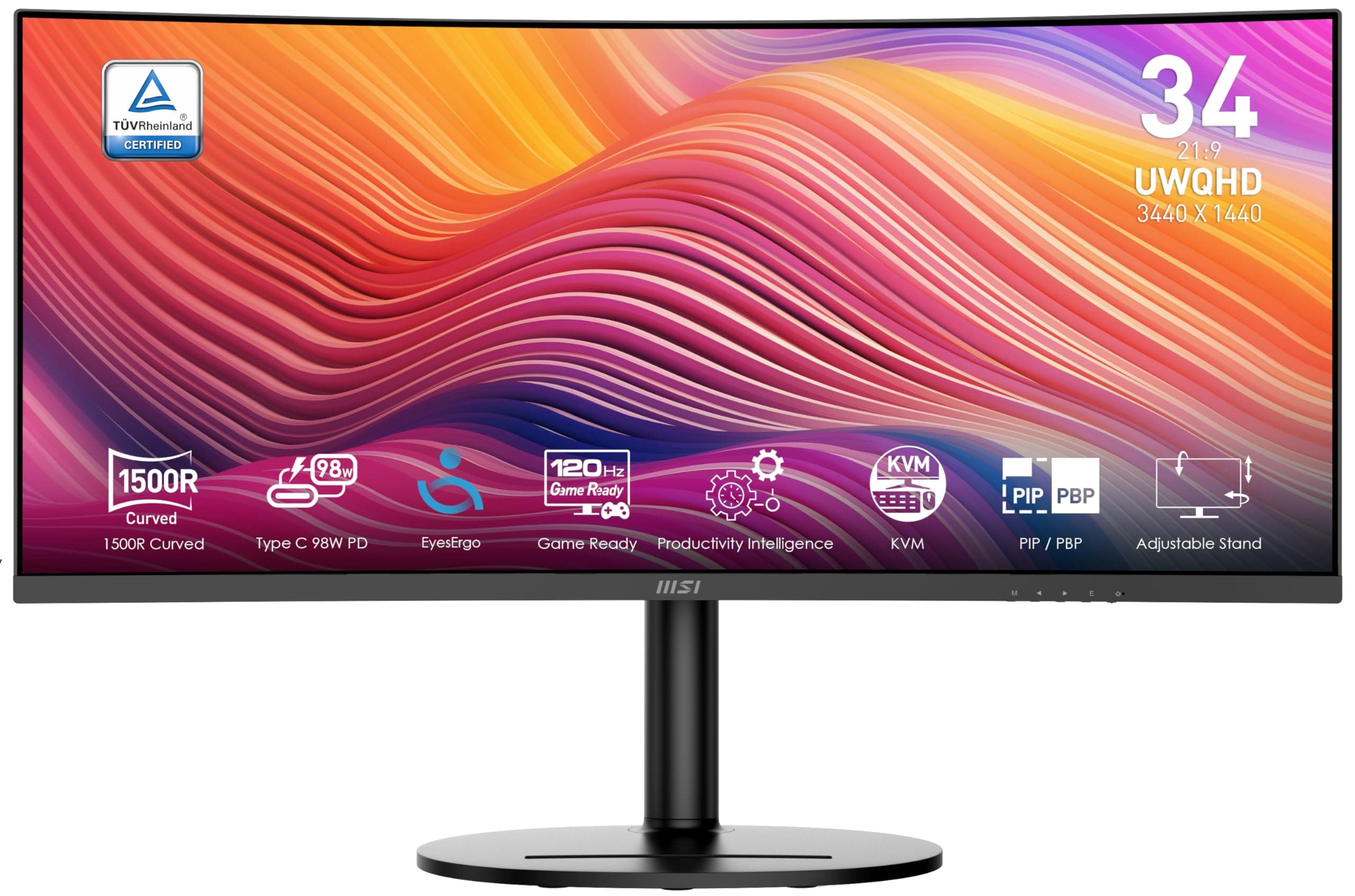 MSI Modern MD342CQP 34 in VA 3440 x 1440(UWQHD) Computer Monitor, 120Hz, 1800 Curved, Adaptive-Sync, HDMI, DP, USBC 98W Power Delivery, KVM, Height Adjustable, VESA, Speaker, 1ms, Black