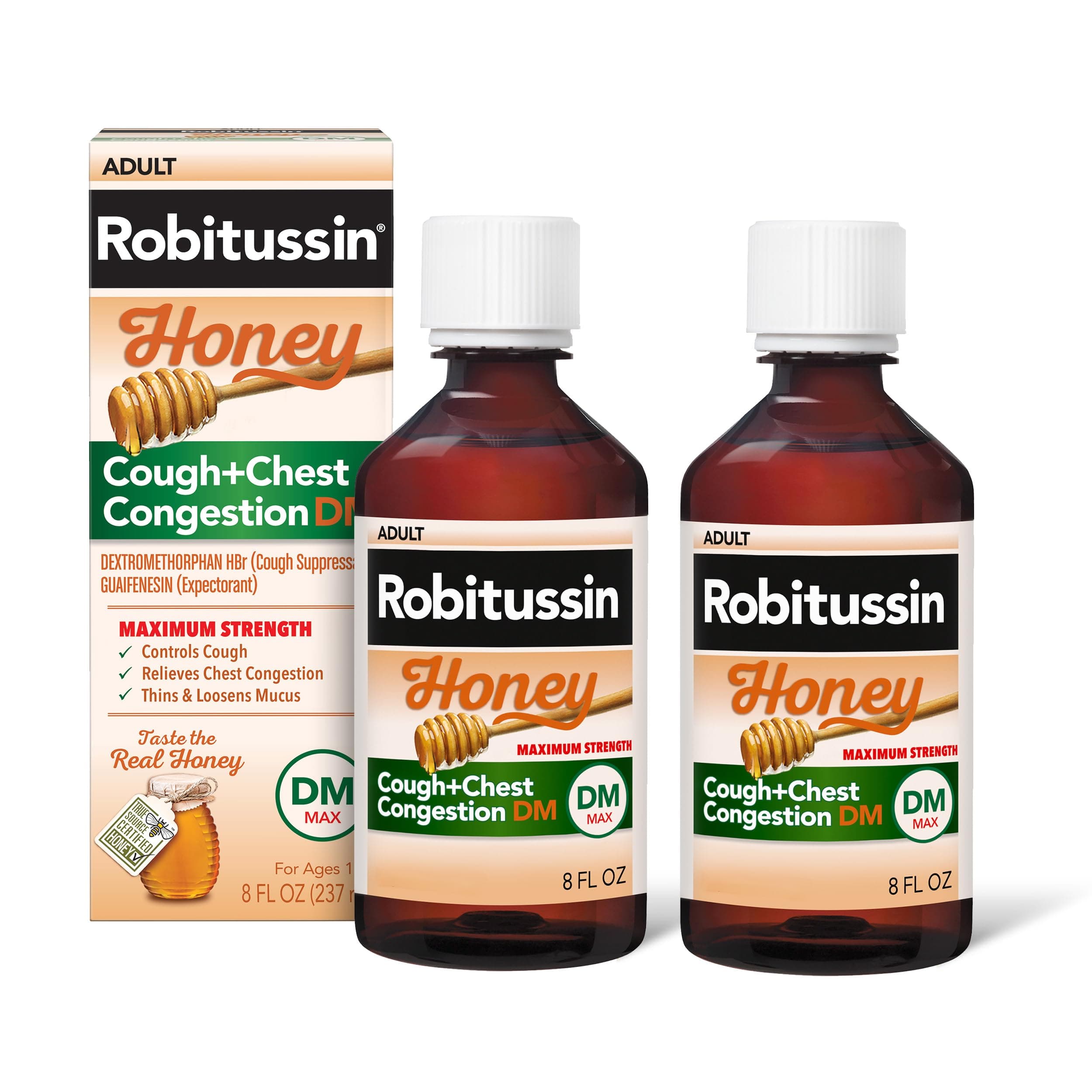 - Maximum Strength Honey Cough Plus Chest Congestion DM, Cough Medicine for Cough and Chest Congestion Relief Made with Real Honey for Flavor - 8 Fl Oz x 2