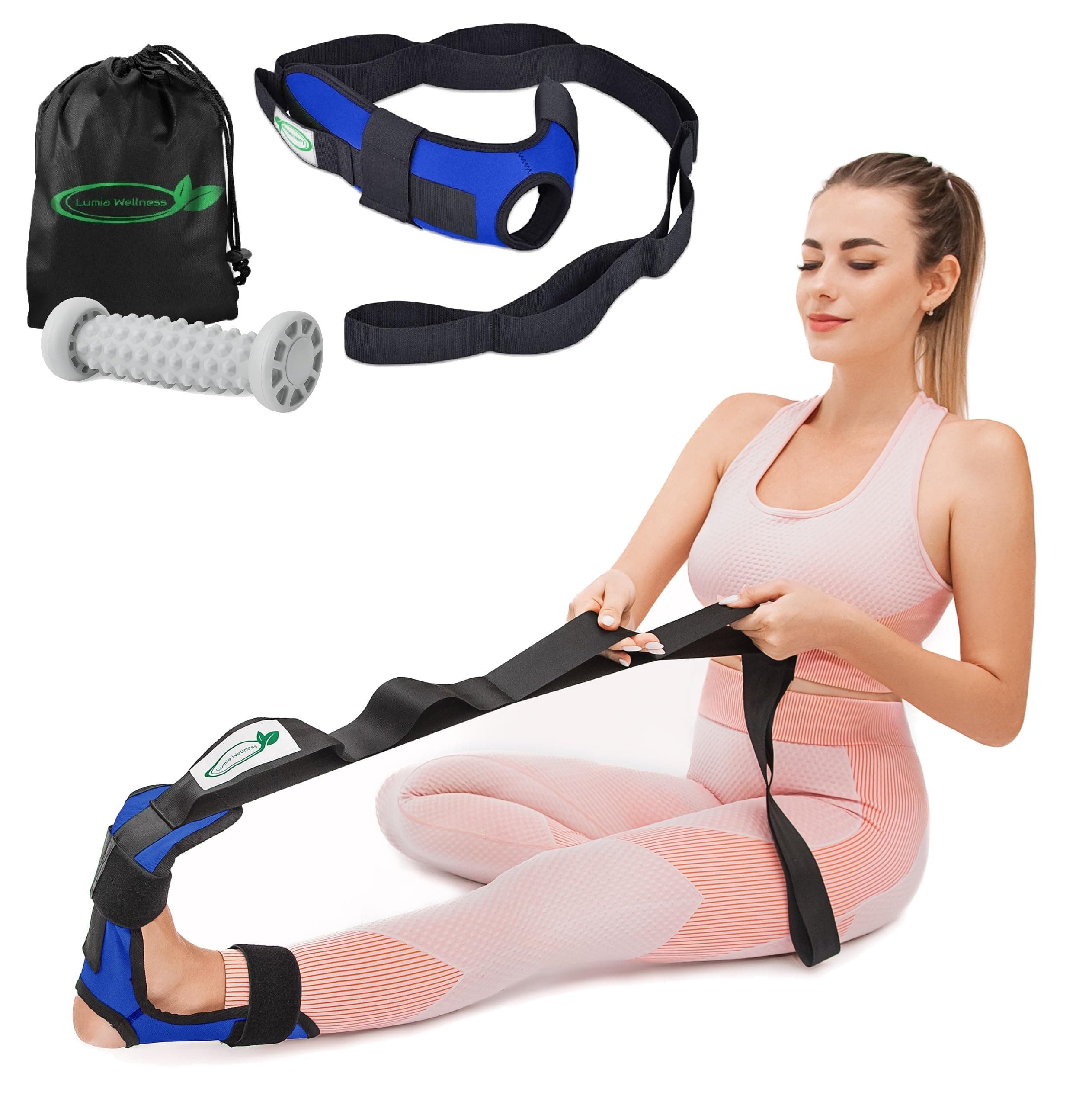 Foot & Calf Stretcher for Plantar Fasciitis, Includes Foot Massage Roller, Achilles Tendinitis, Foot Drop, Yoga Foot & Leg Stretching Strap