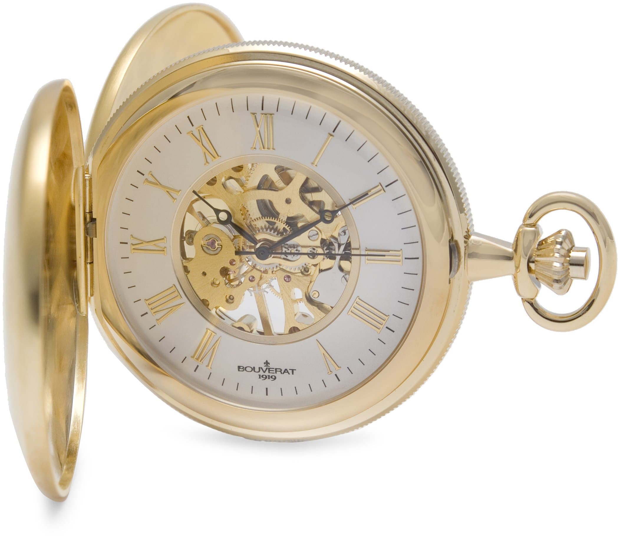 Bouverat 1919 Double Opening Brushed Satin Case Full Hunter Mechanical Roman Pocket Watch with White Dial BV824102