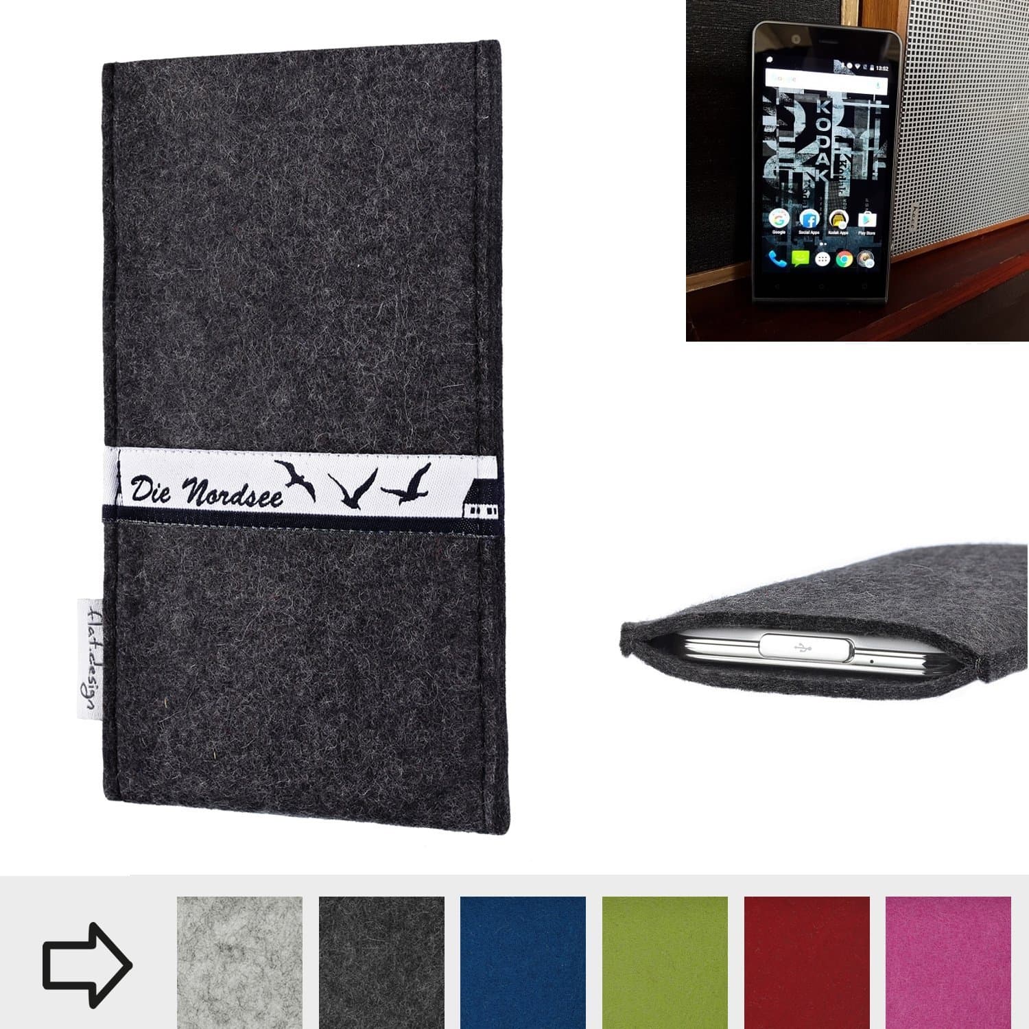 flat.design Handytasche Nordsee für Kodak Ektra - handgefertigte Filzhülle aus 100% Natur Filz (anthrazit) - Handy Tasche hergestellt in Deutschland für Kodak Ektra