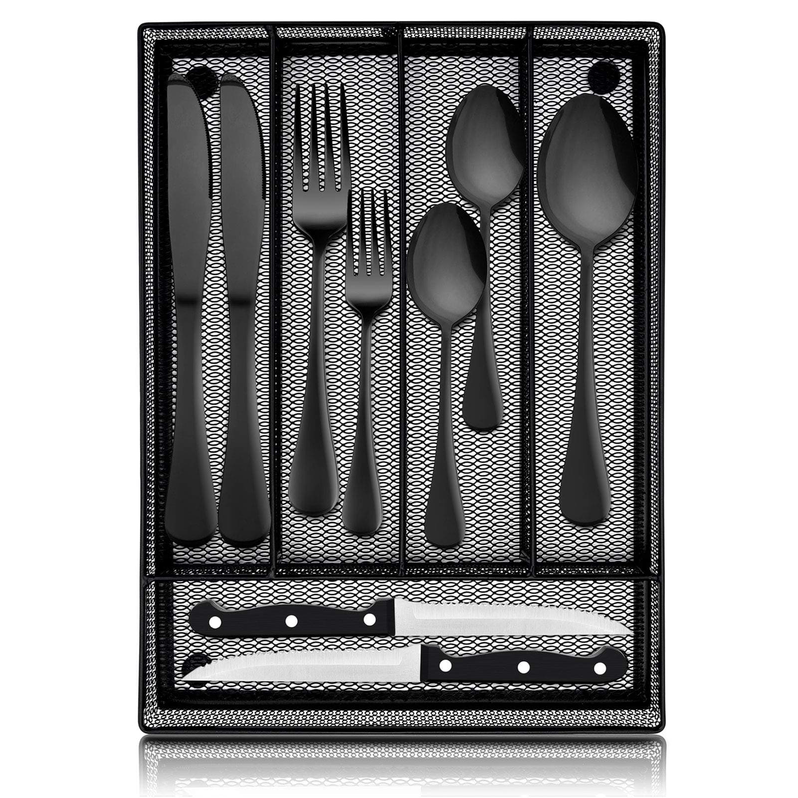 LIANYU 24-Piece Black Silverware Set with Steak Knives and Organizer, Stainless Steel Flatware Cutlery Set for 4, Tableware Eating Utensils for Wedding Home Party, Dishwasher Safe, Mirror Polished
