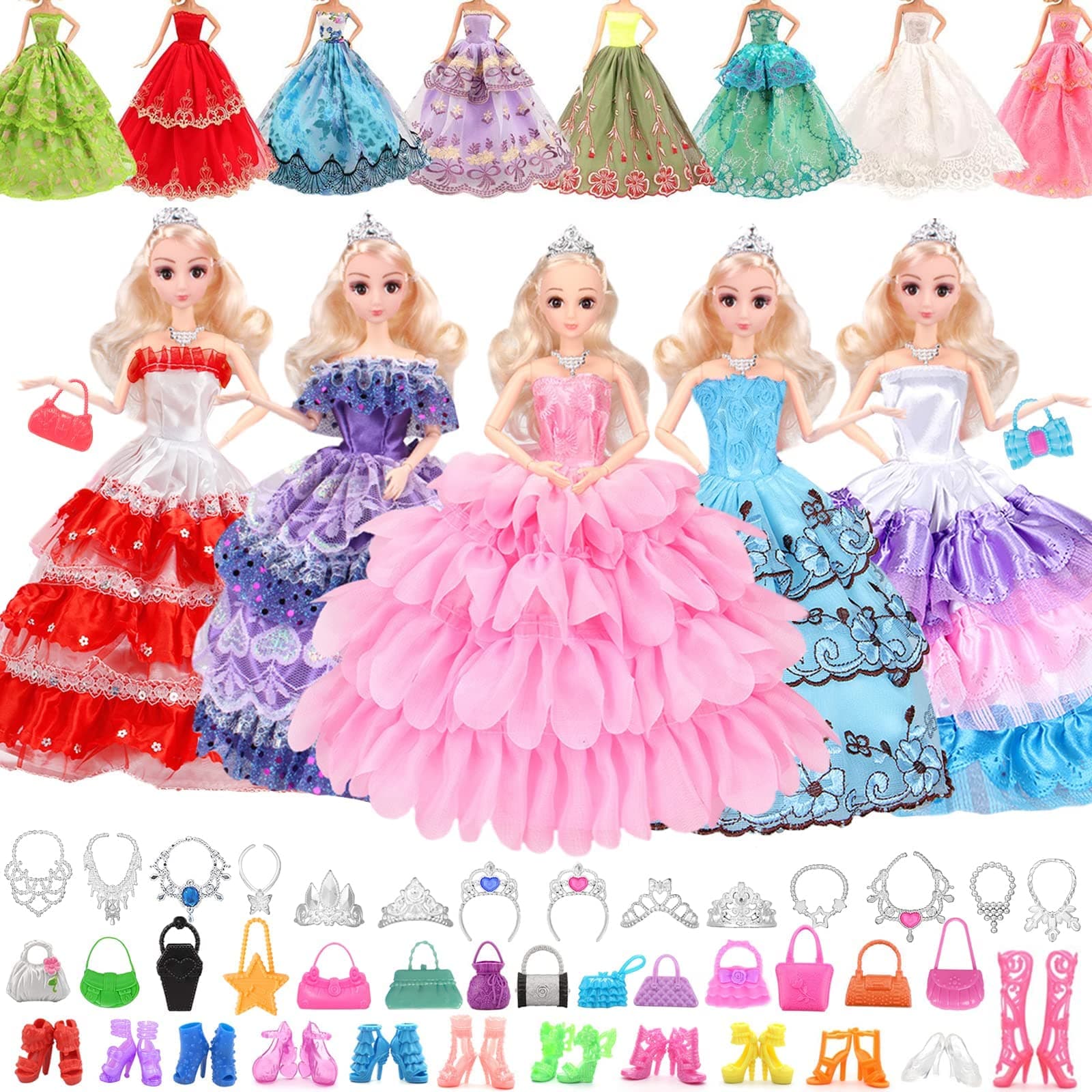 48 Pcs Doll Clothes Outfit for Doll, 11.5 Inch Doll Accessories Collection with 6 Princess Dresses+20 Shoes+10 Bags+6 Necklaces+6 Crowns (Random Style) for Doll Loving Girls Birthday Gifts