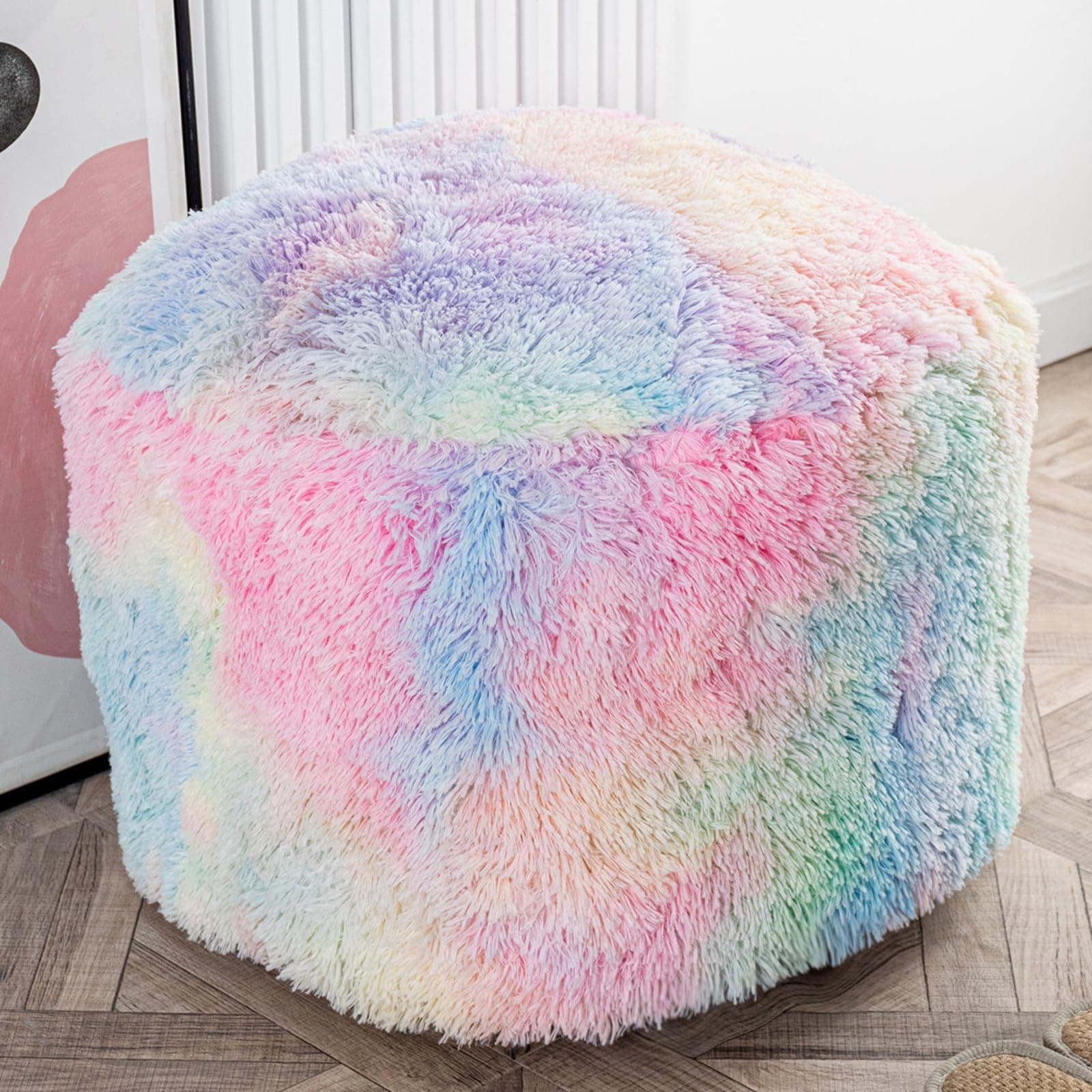 Pouf Ottoman Unstuffed, Round Bean Bag Poof Ottoman Seat,Soft Faux Fur Footrest Stool, 20"x20"x12" Inches Fuzzy Chair, Floor Chair,Foot Rest with Storage for Living Room, Bedroom (Rainbow Pouf Cover)