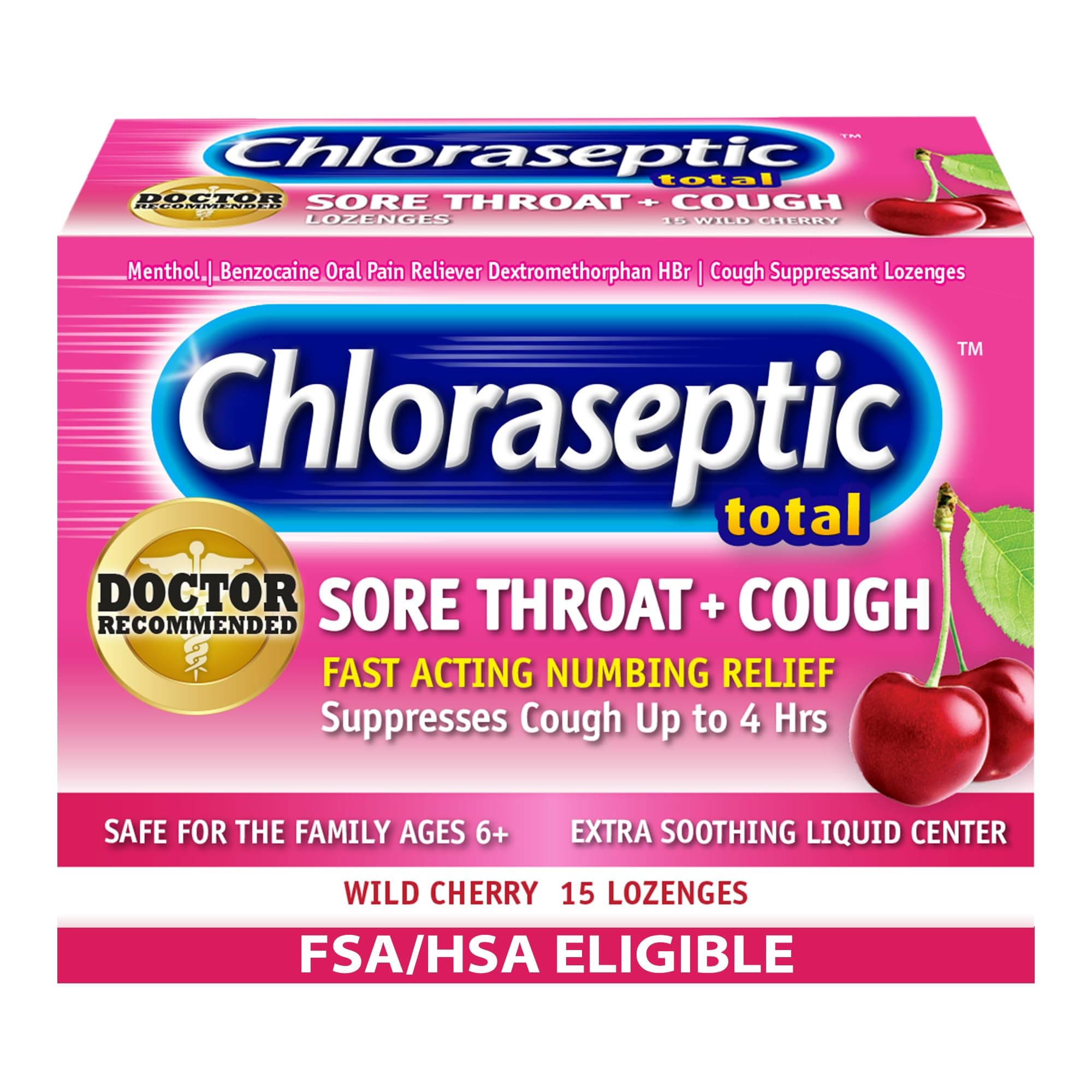 Chloraseptic Total Sore Throat & Cough Lozenges, Wild Cherry, Cough Drops with Liquid Center to Numb Sore Throat for Up to 4 Hours, 15 Count, Pack of 6