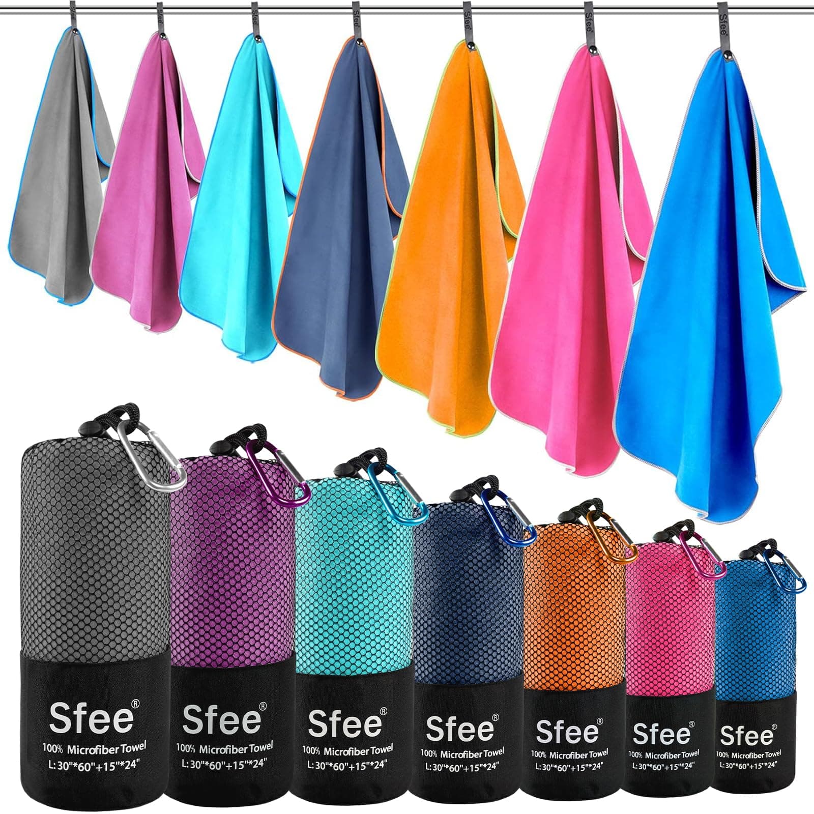 Sfee Microfiber Sports Travel Towel Set - (S, M, L, XL) - Quick Drying, Absorbent, Compact and Lightweight Soft Beach Yoga Bath Pool Hand Gym Golf Towel - Outdoor Fitness Hiking Camping + Carabiner