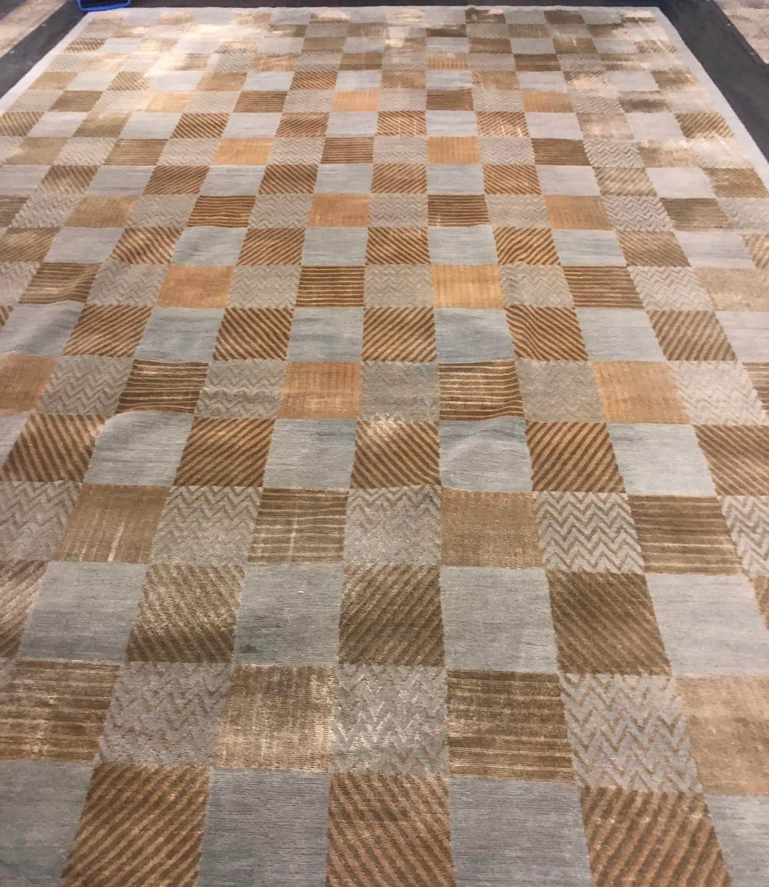 11X15 Wool & Silk Modern Hand-Knotted Oversized Area Rug - Contemporary Checker Design Carpet (10.6 x 15.3)