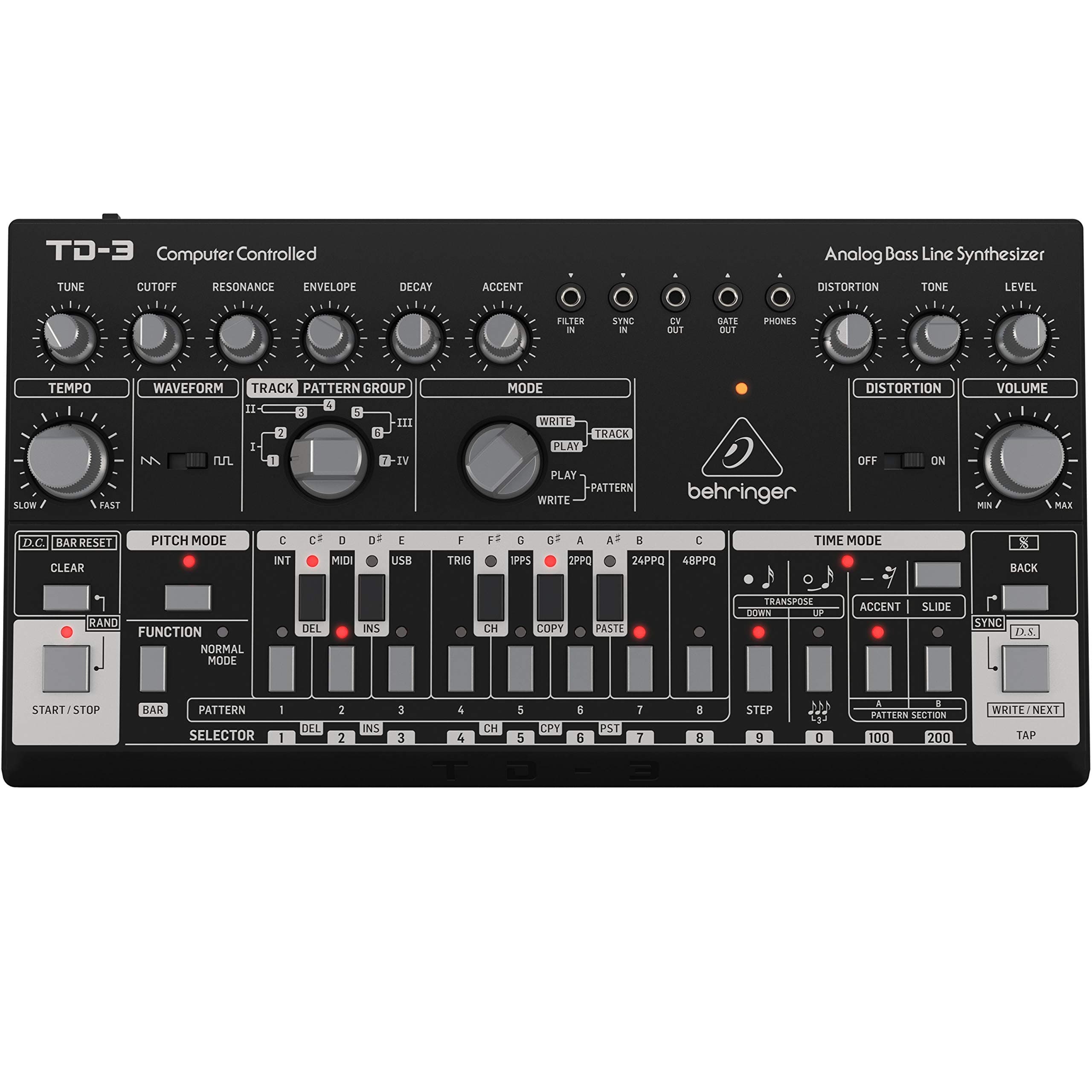 TD-3-BK Analog Bass Line Synthesizer with VCO, VCF, 16-Step Sequencer, Distortion Effects and 16-Voice Poly Chain