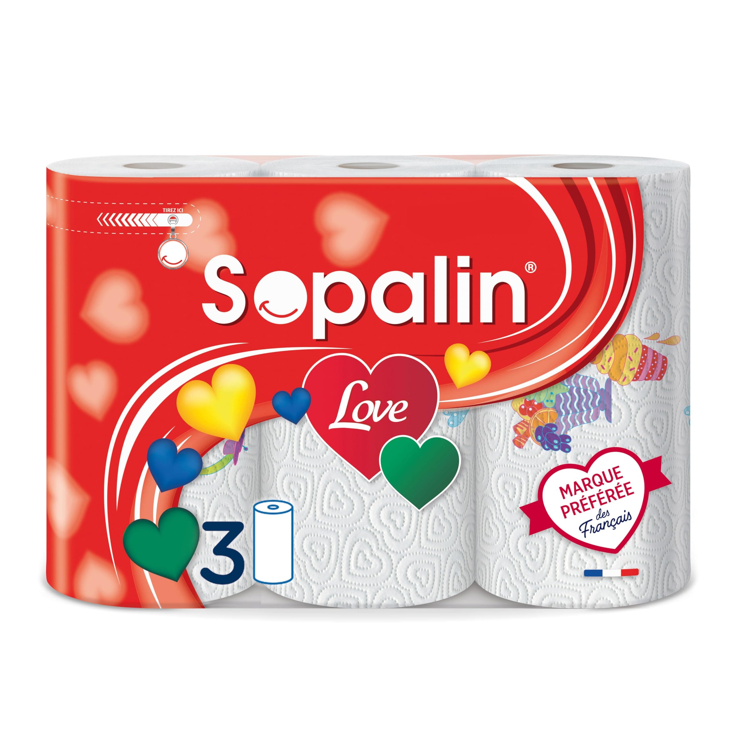 SopalinLOVE - x3 Rolls - 3-Ply - Original Decor - Packaging 80% Recycled Plastic - FSC® Mixed Paper (C017535)