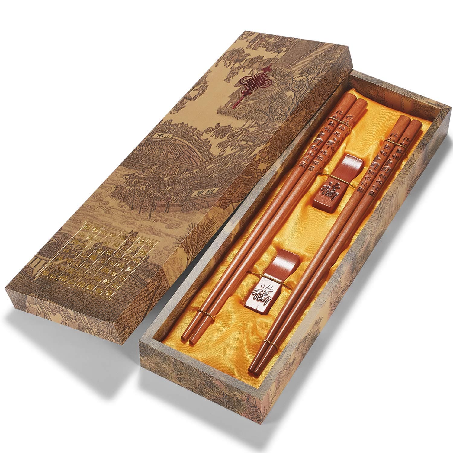 Chopstick Reusable Chinese FU/Fortune Chopsticks with Holder and Carrying Bag Chinese Traditional Stylish Gift Set(2 Pairs)