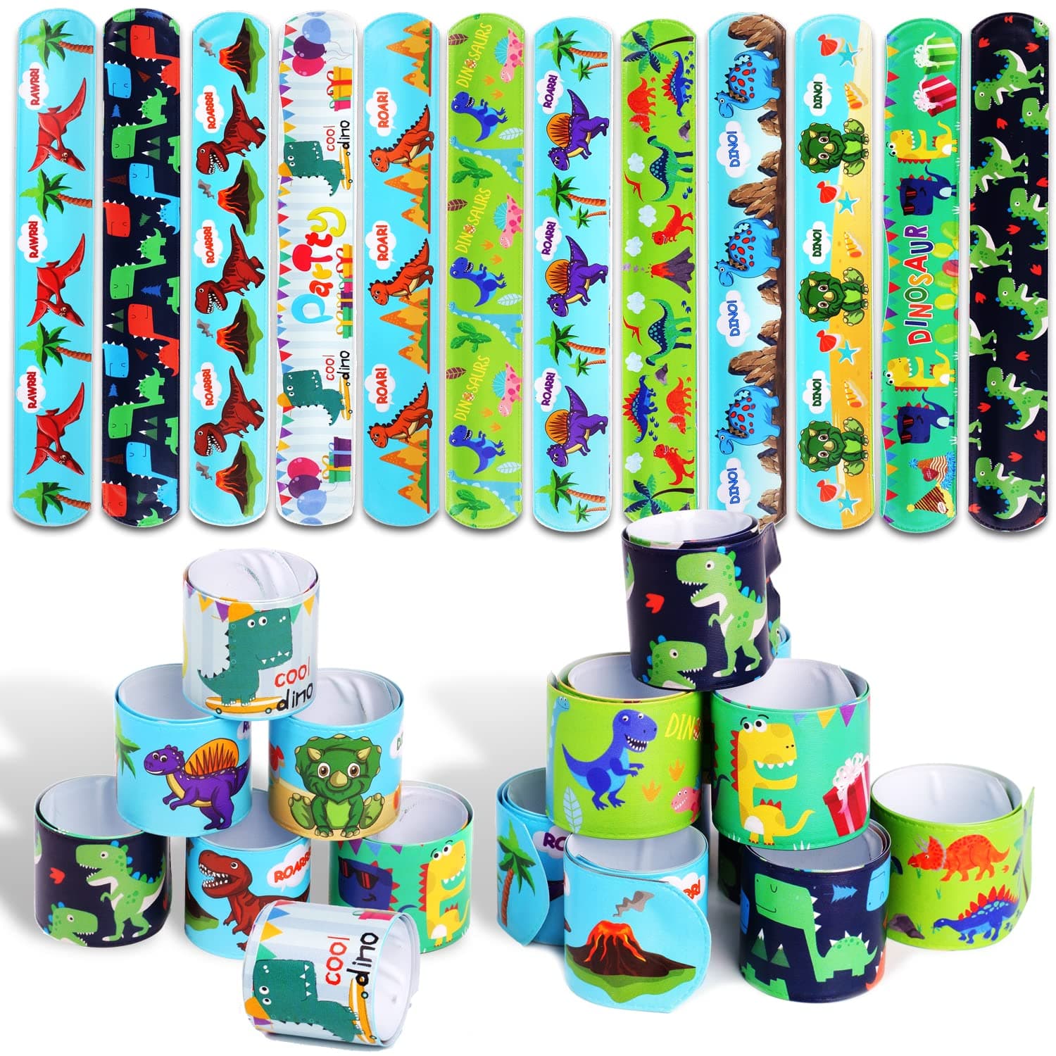 DERAYEE 24 Pcs Dinosaur Slap Bracelets for Kids, Jurassic Forest World theme Snap Bands Toy Gift Party Supplies for Dino Party Bag, pvc