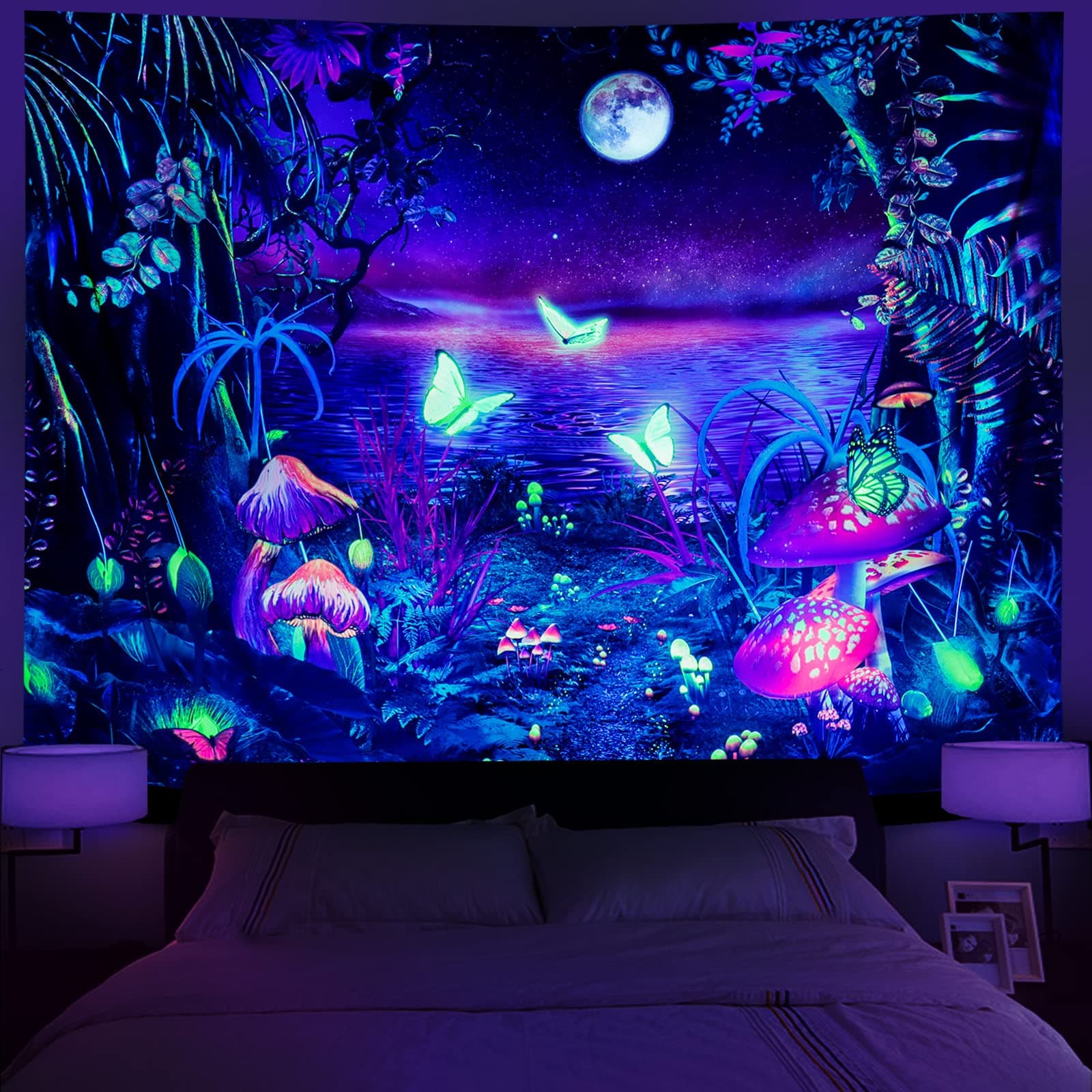 Serborlur Blacklight Fantasy Forest Moon Tapestry UV Reactive Butterfly Galaxy Space Tapestries Wall Hanging for Bedroom Living Room Decor (59.1 x 78.7 inches)