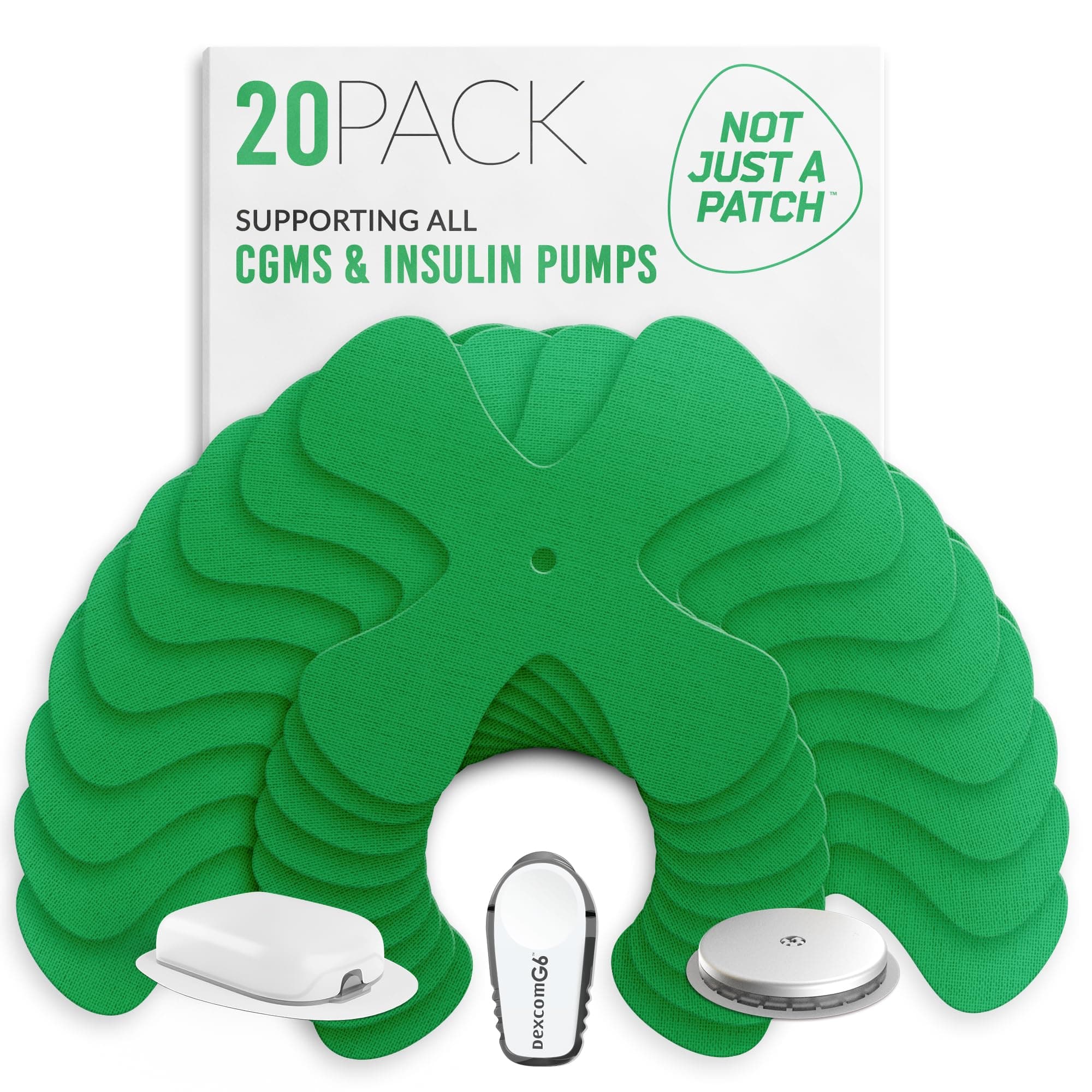 Not Just A Patch X-Patch CGM Sensor Patches (20 Pack) - Water Resistant Omnipod 5 Adhesive Patches - Durable for Active Lifestyle for 10-14 Days - Compatible with Dexcom G6, Libre 2 in Green