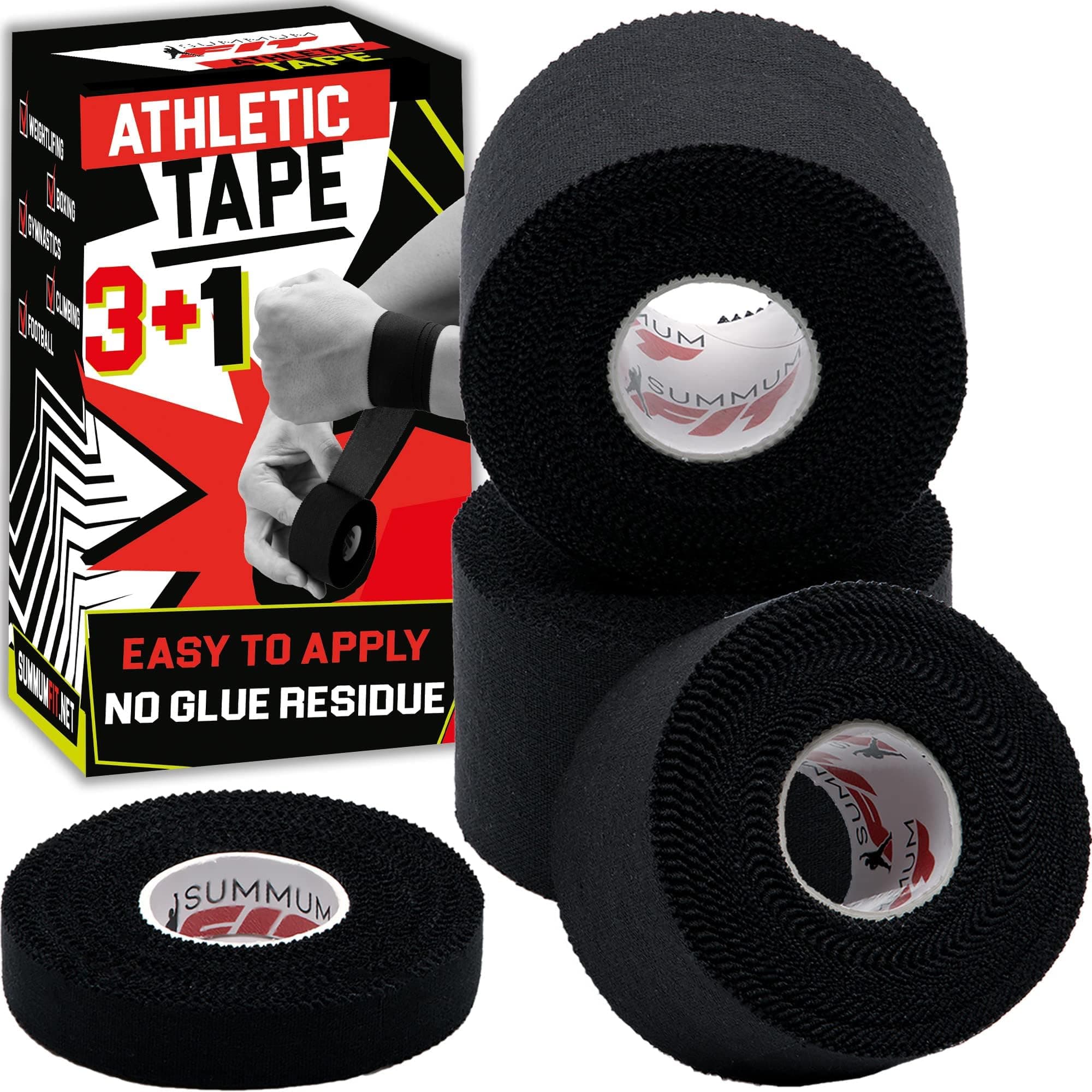 Black Athletic Tape Extremely Strong: 3 Rolls + 1 Finger Roll. Easy to Apply & No Residue. Sports Tape Athletic for Boxing Football Climbing or Gymnastics for Wrist Ankle & Hand Protection