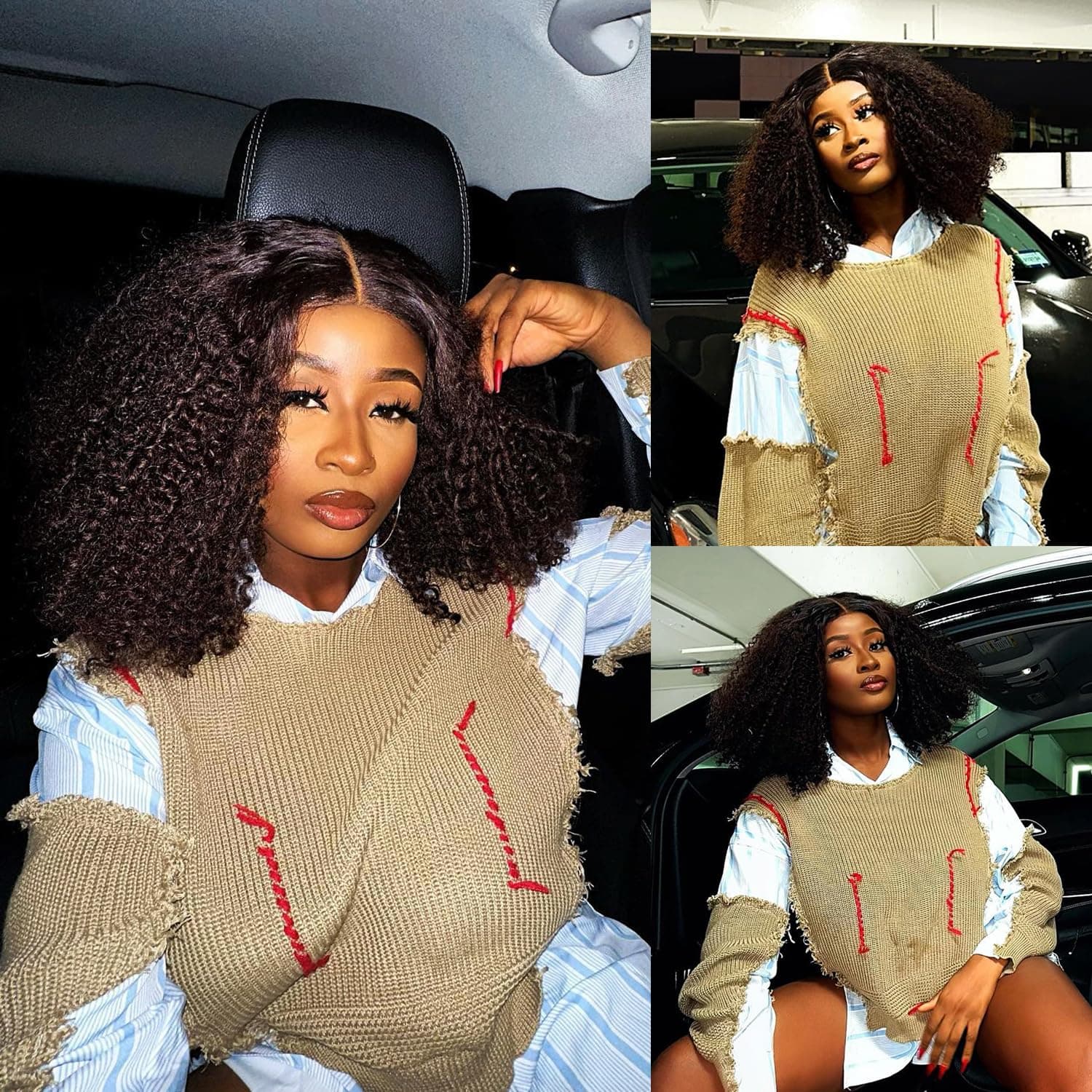 ANNISOUL Curly Lace Front Wigs Pre Plucked,Short Lace Front Wigs for Black Women 13x4x1 HD ,Dark Brown Curly Afro Wig Synthetic Hair 17Inch