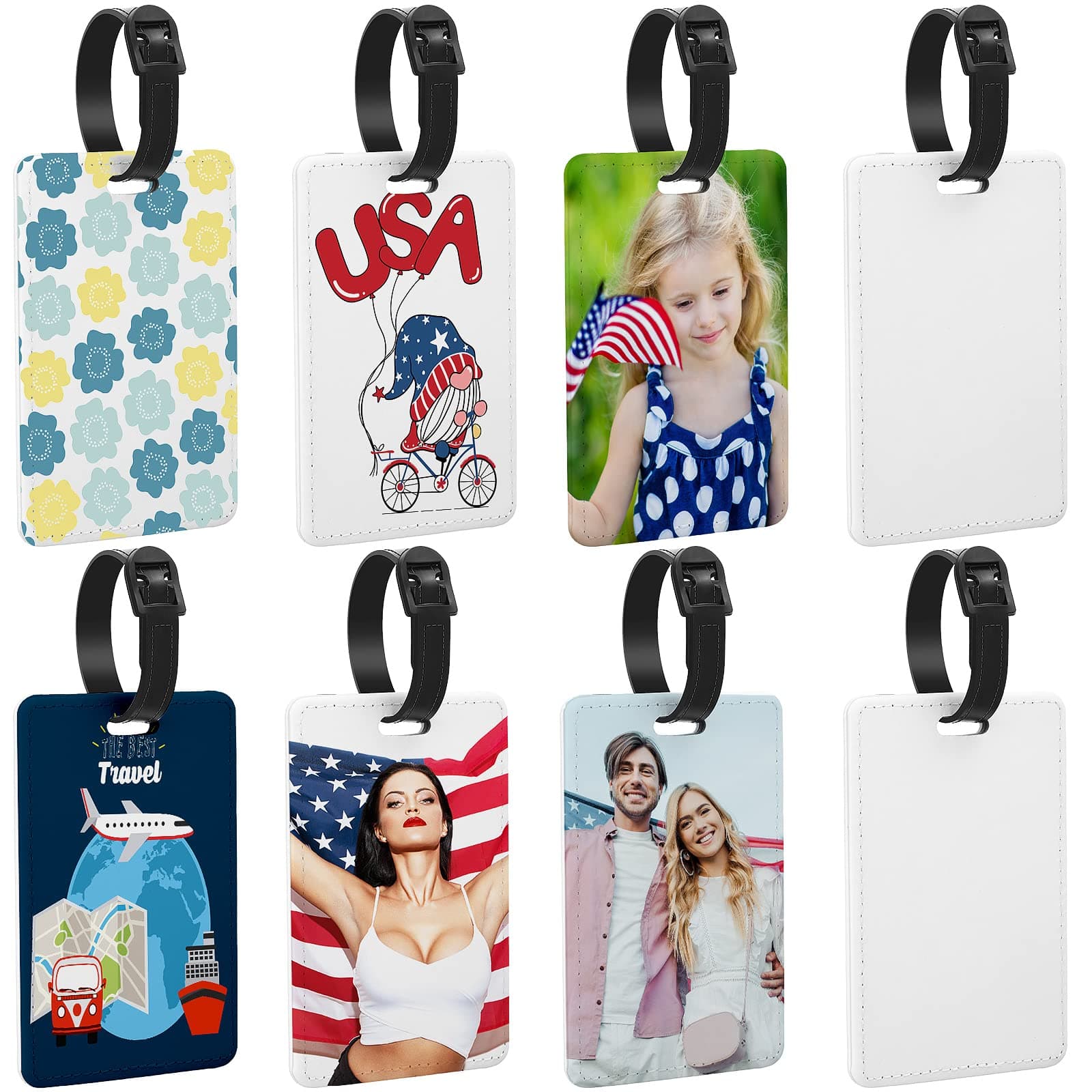 Huhumy 8 Pcs Sublimation Blank Luggage Tags White Blank Travel Tags with Strap Double Sided MDF Suitcase Label Tag Heat Transfer Name ID Card DIY for Women Men, 4 x 2.75 Inch