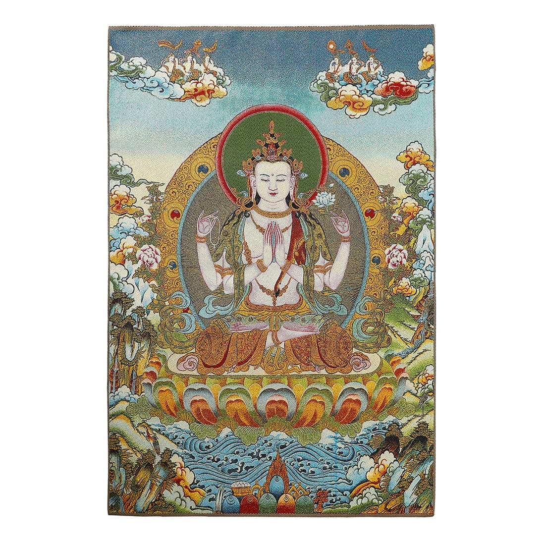 ZenBless Silk Embroidery Tibetan Thangka with Four Arms Kwan Yin Avalokitesvara Lotus Seat Wall Hanging for Home Décor Tapestry Meditation