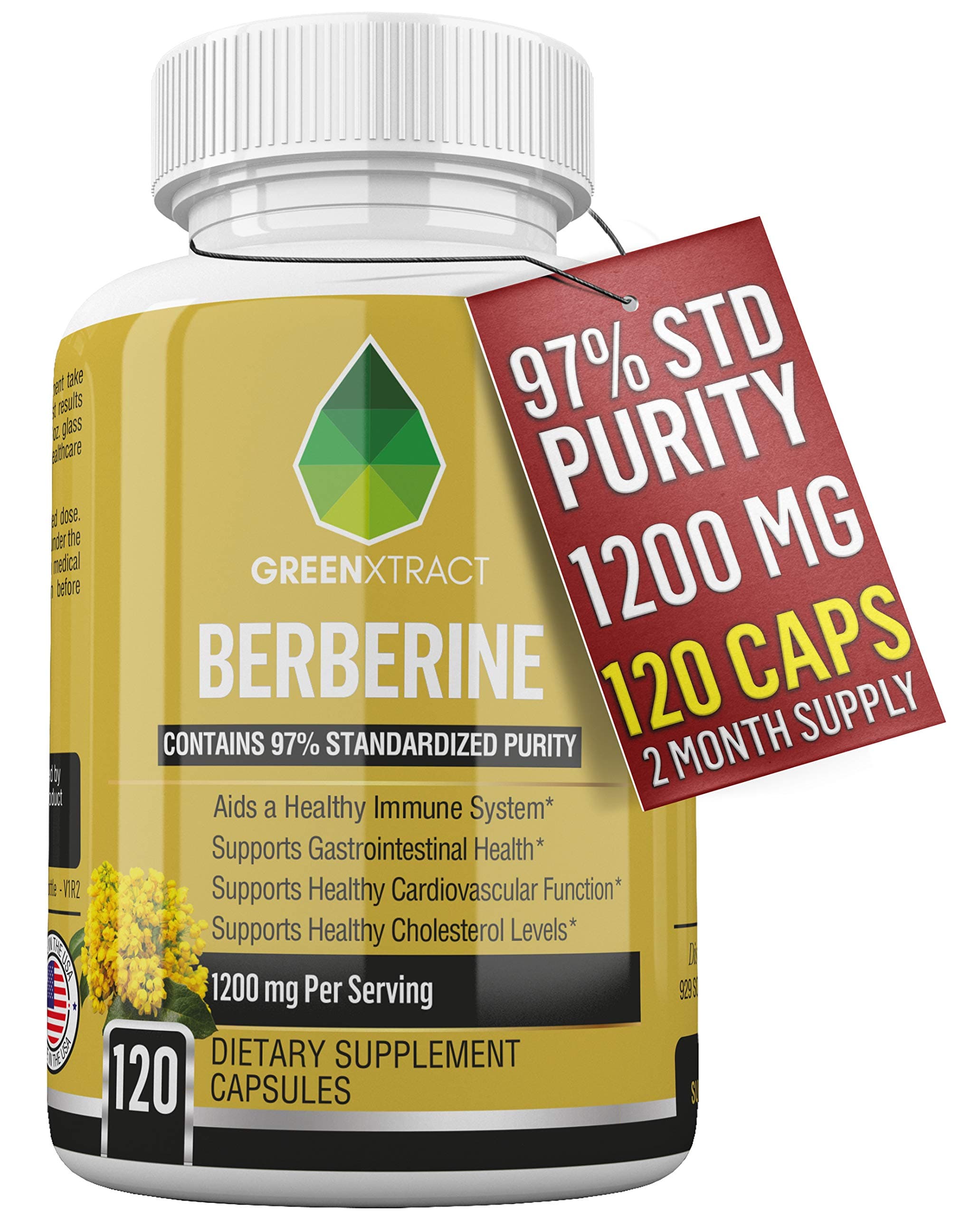Berberine 1200MG 60 Days Supply - 97% Standardized Purity HCL Berberis Aristata - Blood Sugar Metabolism - Immune Support - Cardiovascular & Gastrointestinal Health Supplement – for Men & Women