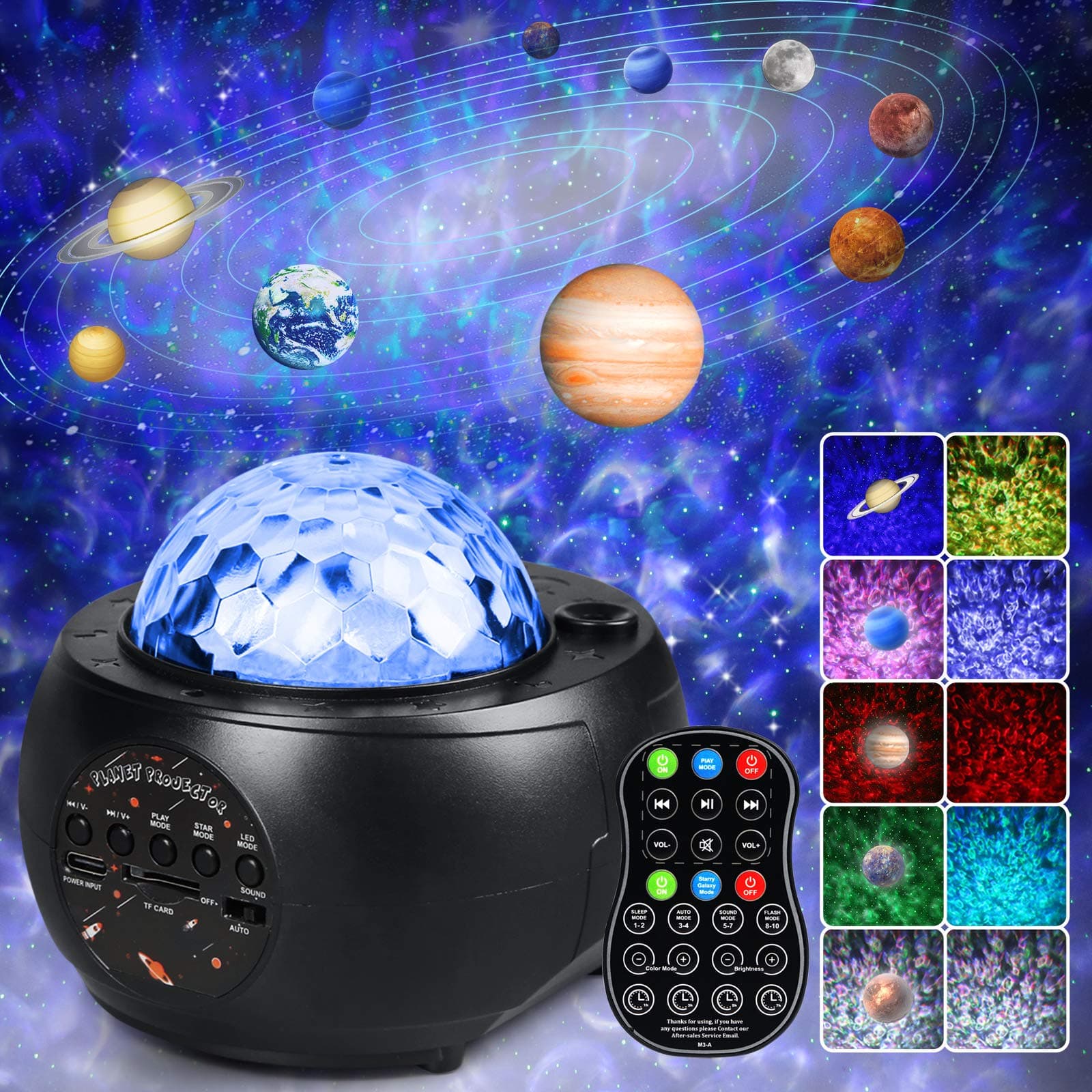 AMINAC Night Light Projector, Galaxy Projector Light Starry Star with 9 Planets Night Light Built-in Bluetooth Speaker, Ocean Wave Light with Remote Control for Kids Adults Gifts Room Home Decor